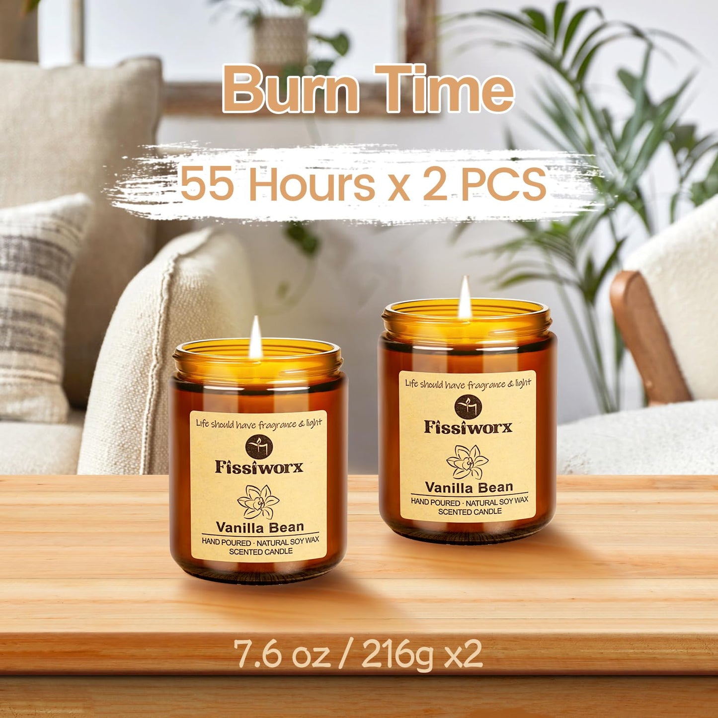 Fissiworx Vanilla Scented Candle Set 2 Pack, Candle for Home Scented, Odor Eliminating, Stress Relief, 15oz, 110 Hours Long Lasting Candles, Soy Candle Gift Set for Women