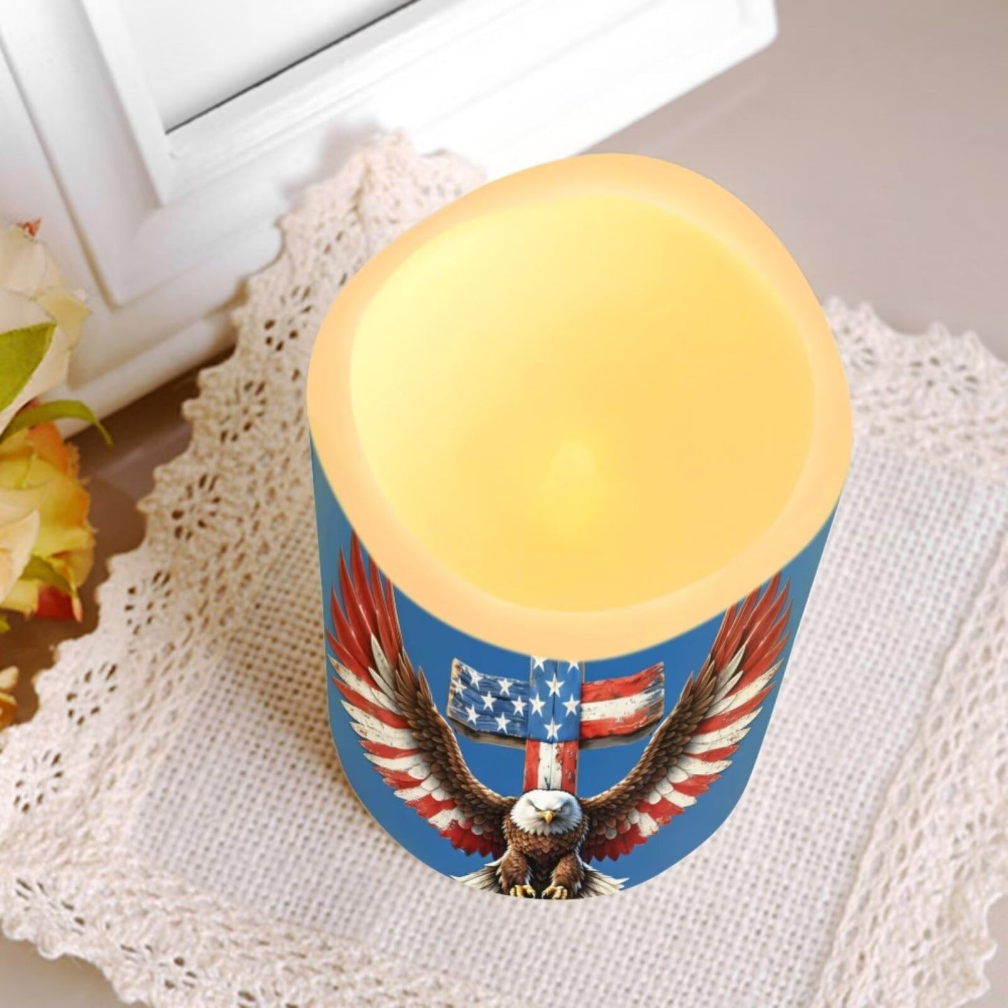 Uorisanigo Independence Day Flameless LED Candles Set of 4 with Remote Control American Flag Patriotic Battery Operated Decorative Candles Featuring Bald Eagle Stars Stripes Flickering Flame