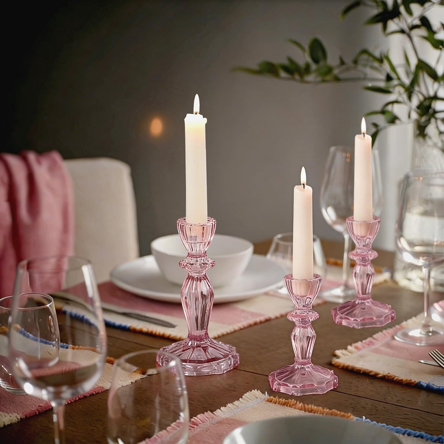 CHOCSTAY Glass Candlestick Holders Set of 3, Pink Stripe Taper Candle Holders for Table Centerpiece, Home Decorations, Wedding and Party