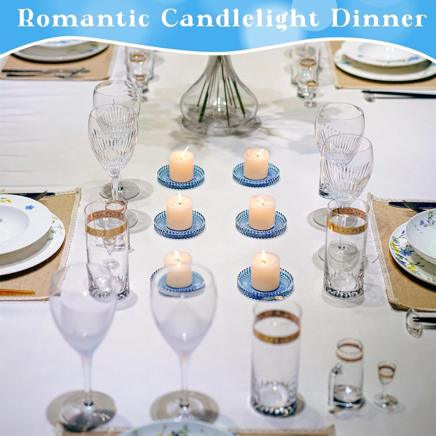 Kanpura Set of 6 Blue Glass Candle Plates, Pillar Candle Holder Plates,Glass Coaster Holder,Small Round Trays for Christmas Party Wedding Centerpiece