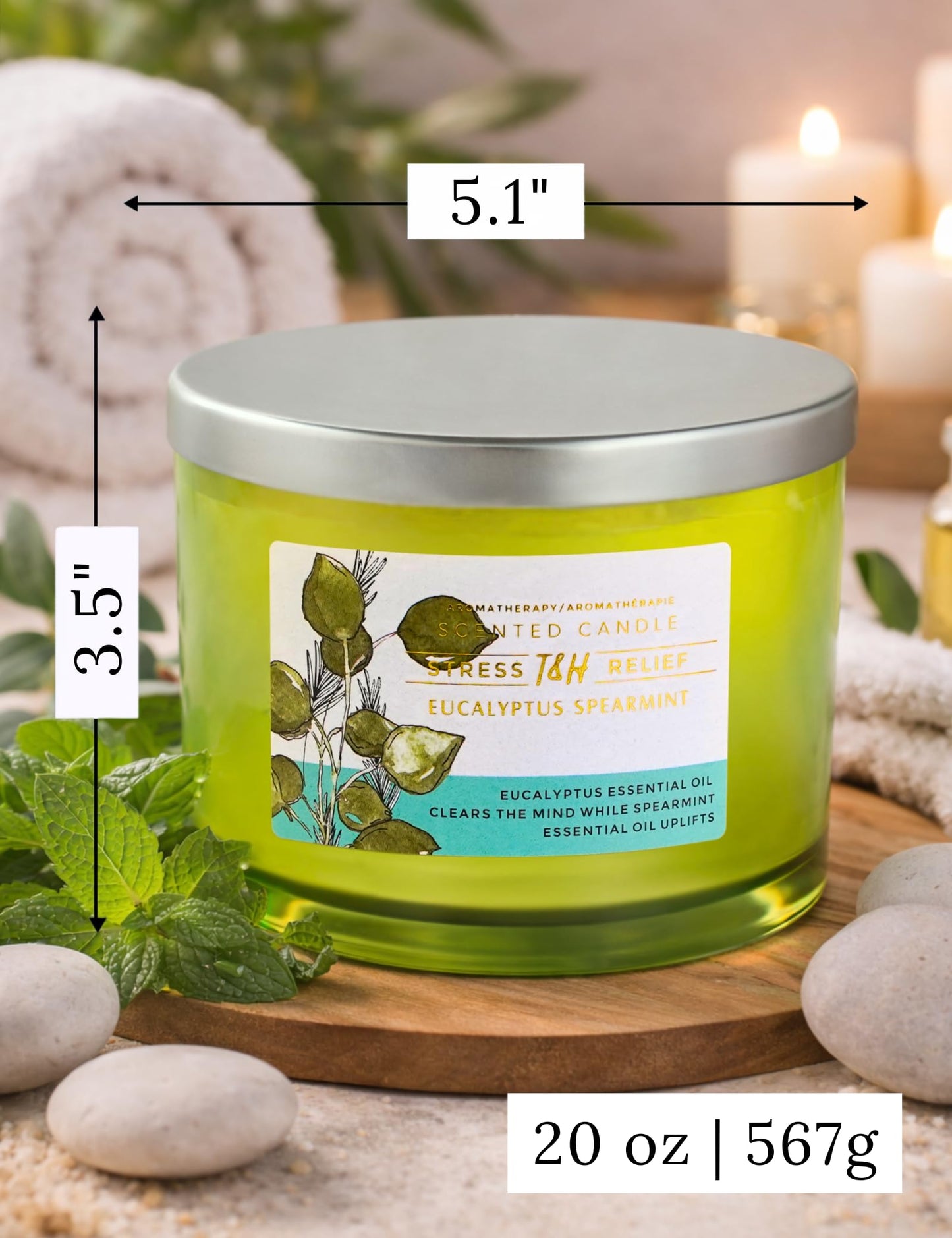 Eucalyptus Spearmint Candle | 4 Wick Extra Large Scented Soy Candle 20 oz | Highly Scented Aromatherapy Stress Relief Spa Candles | Fresh Eucalyptus Mint Home Scent | Long Lasting Clean Burn