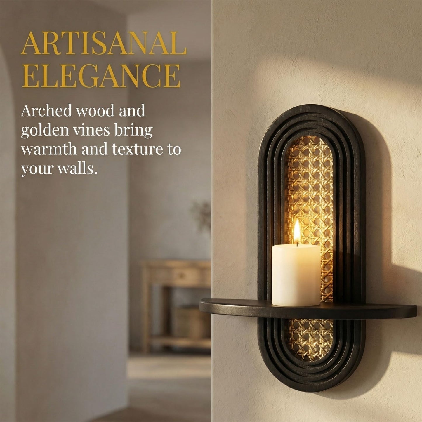 Wall Candle Holder Sconce, Set of 2 Wooden Wall Mounted Candle Holder with Arched Shelf and Gold Metal Vine Detail, Decorative Wall Sconce for Pillar Candles, Living Room Bedroom Entryway Decor