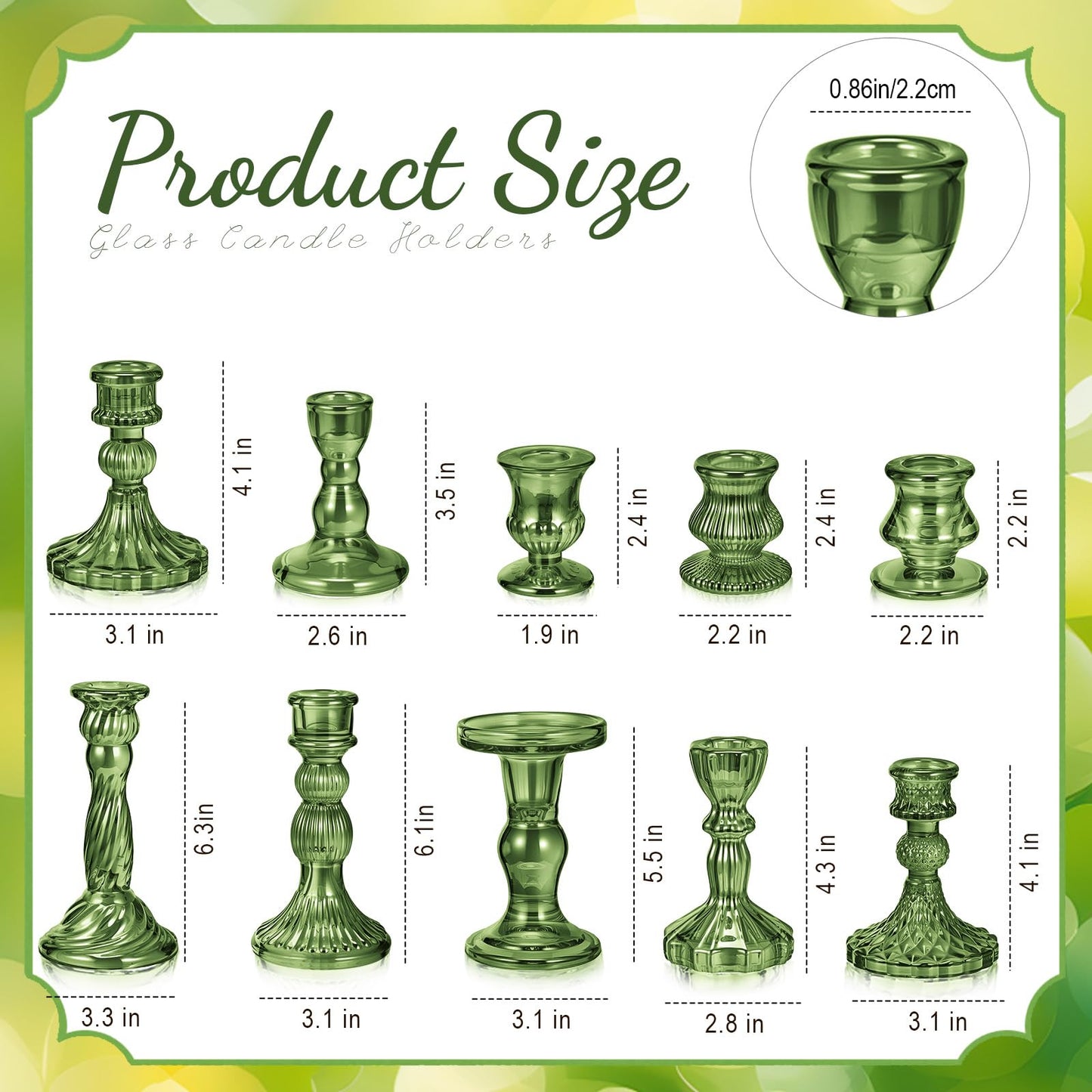 Mumufy 10 Pcs Glass Crystal Taper Candle Holders Clear Glass Candlestick Holder Fit 0.8 Inch Candles Crystal Decorative Candle Stand Centerpiece Table Wedding Dining Party (Classic,Green)