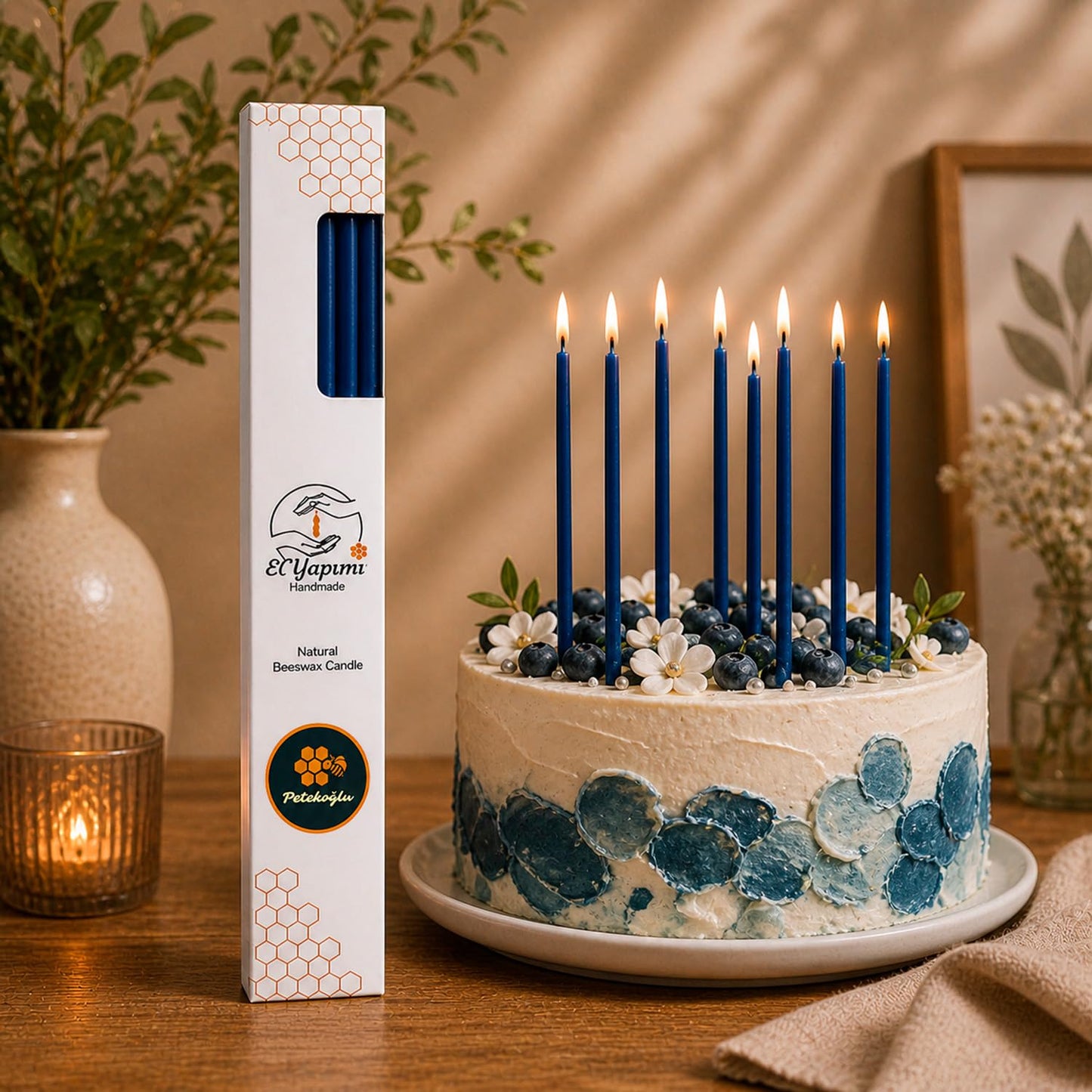 Petekoğlu 15-Pack Beeswax Wish Candles – Handcrafted, Drip-Free, Smoke-Free Slim Taper Candles for Rituals, Meditation, Birthday & Home Décor – Natural Honey Scent 7.87” x 0.24” (Deep Blue)