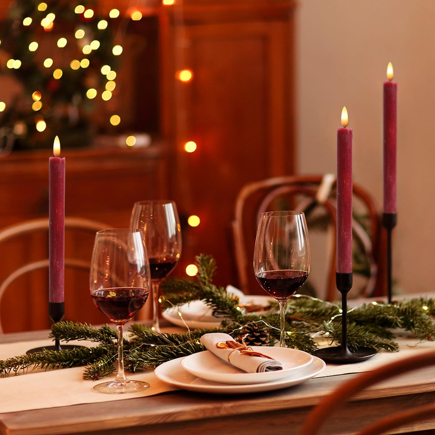 Wondise Flameless Taper Candles with Timer, 3 Pack Battery Operated LED Flickering Real Wax Red Candle for Christmas Wedding Dinner Decorations