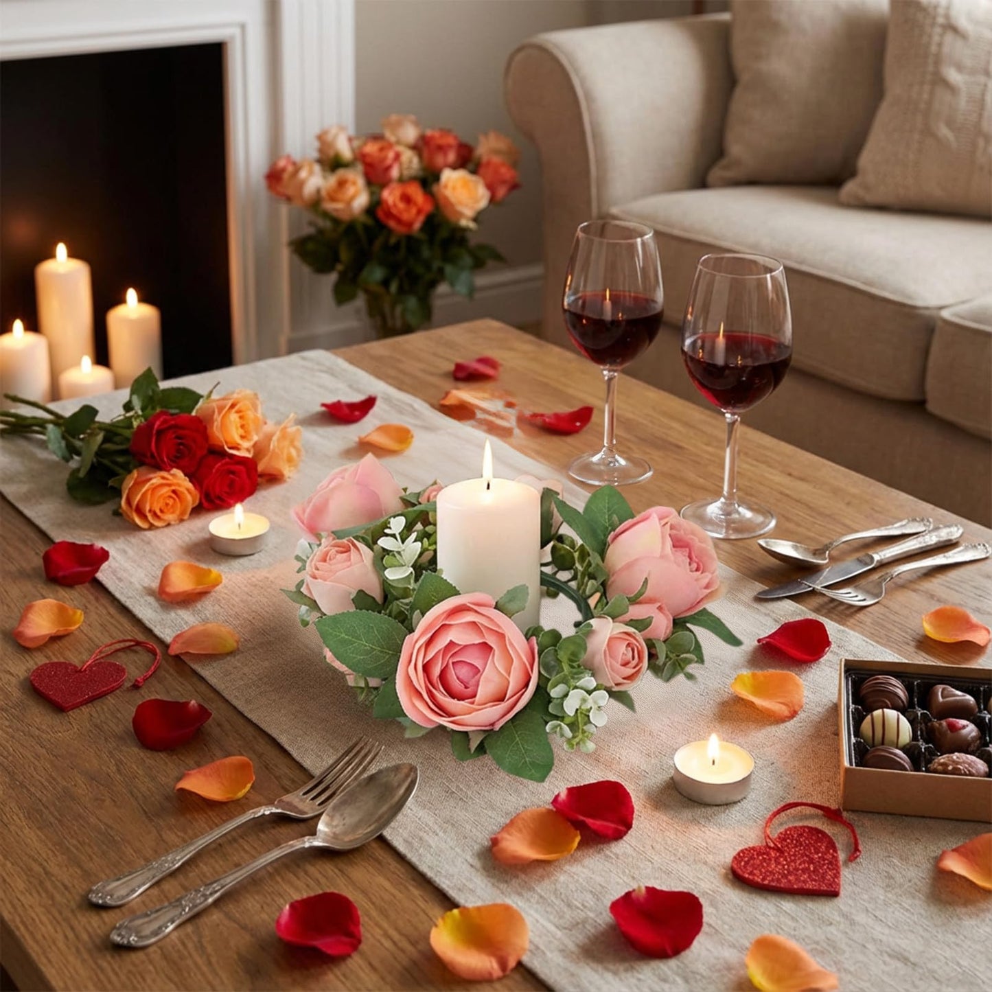 Artificial Rose Candle Rings Wreath Mini Floral Wreaths Pillar Candle Holder with Blooming Flowers and Green Leaves for Wedding Party Home Table Centerpieces Decor (Pink)