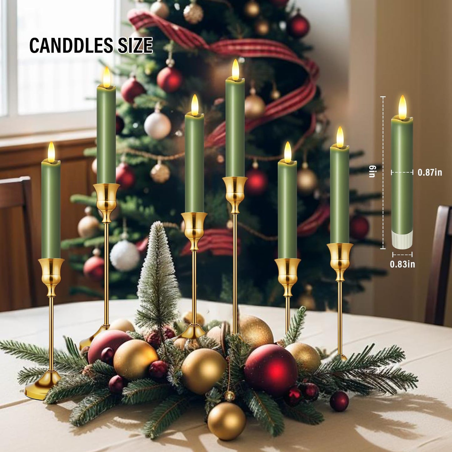 KSWING Upgraded Real Wax Short LED Flameless Green Taper Candles with Remote, 6 PCS Candlesticks Battery Operated - 6" Realistic Fake Candle Sticks for Home/Wedding/Fireplace Xmas Decor