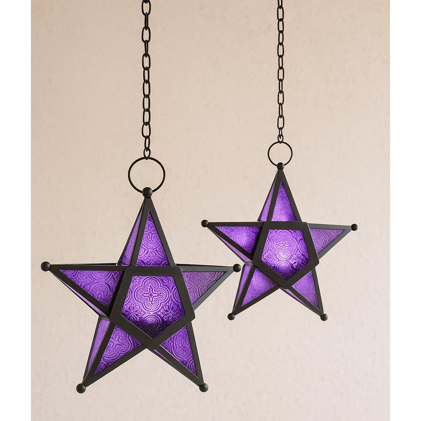 VELA LANTERNS Set of 2 Decorative Hanging Star Candle Lanterns – Moroccan Style Purple Glass & Metal Tealight Holders for Indoor, Outdoor, Patio, and Home Decor