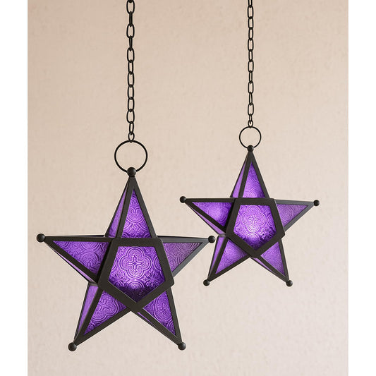 VELA LANTERNS Set of 2 Decorative Hanging Star Candle Lanterns – Moroccan Style Purple Glass & Metal Tealight Holders for Indoor, Outdoor, Patio, and Home Decor