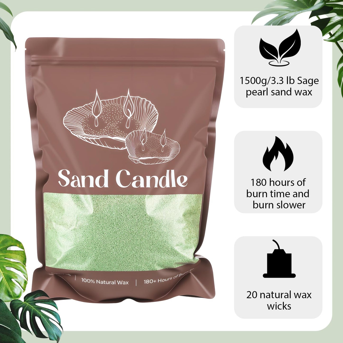 Nuanchu 3.3 lb Candle Sand DIY Pearled Candle Making Kit Included 20 Pcs Wicks and Refillable Beaded Wax Sand Beaded Wax Gift with Wicks Self Extinguish for Home Wedding Party(Green)