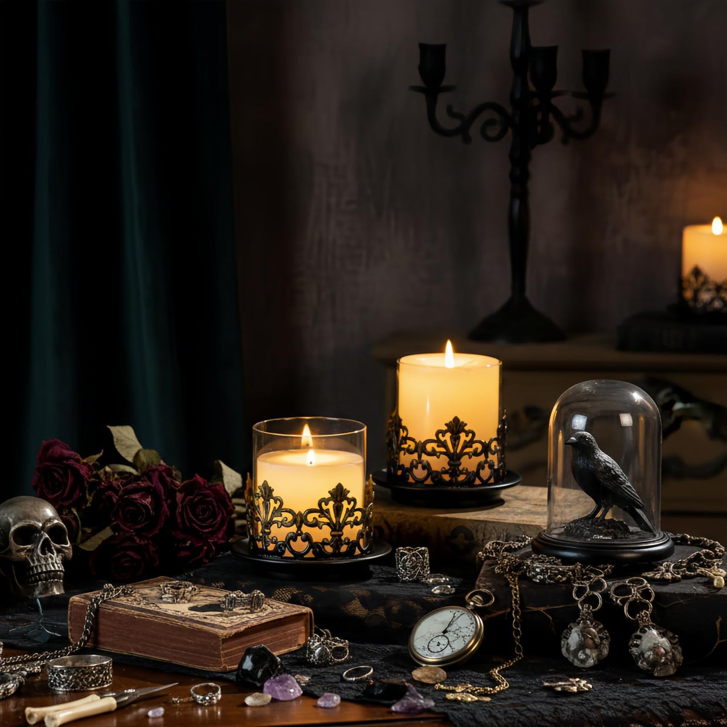 Woparty Vintage Gothic Glass Hurricane Candle Holders, Black Metal Base with Gold Accents, Clear Glass Sleeve, 4.3x4 Inch, Set of 2, for Pillar Candles
