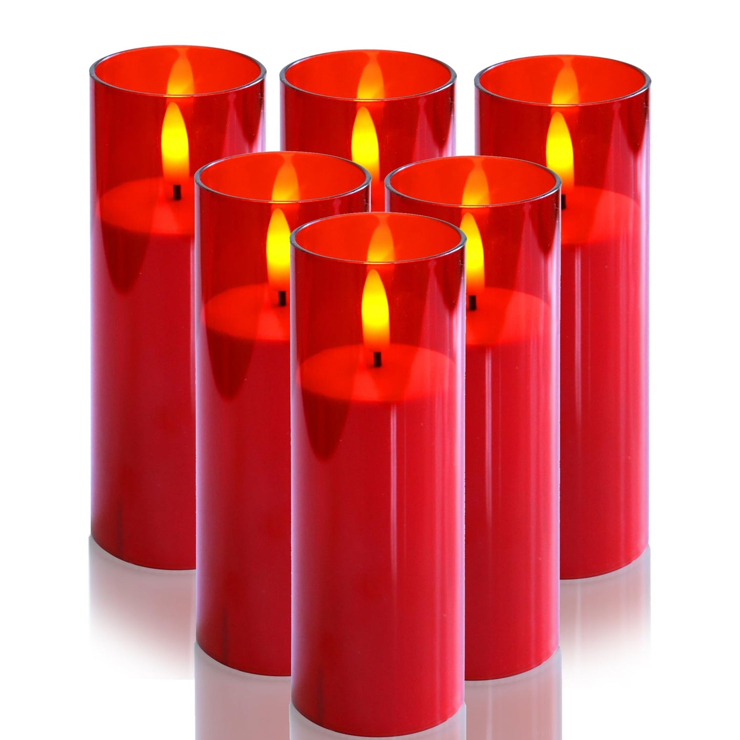 CANDLE CHOICE Indoor Outdoor Flameless Candles with Timer Waterproof Realistic Flickering Battery Operated Pillar LED Lights with Acrylic Shell Wedding Party Christmas Decorations 6 Pack 2”x6” Red