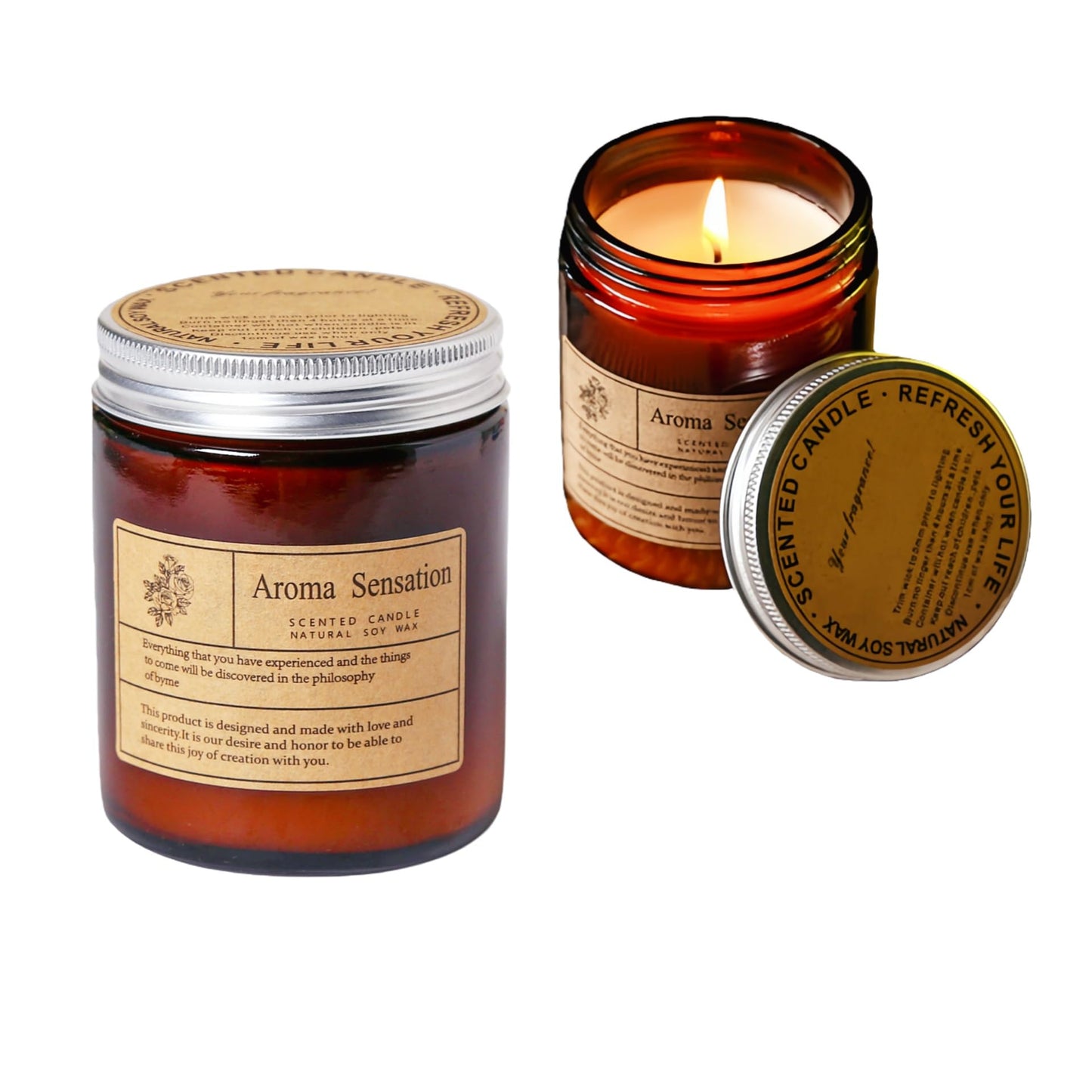 Fay Bless 2PCS Soy Wax Candle in Amber Glass Jar, Scented Candle, Long Burning Aromatic Candle for Home Decor, Everyday Ambiance (White Tea & Ginger Lily,250ml)