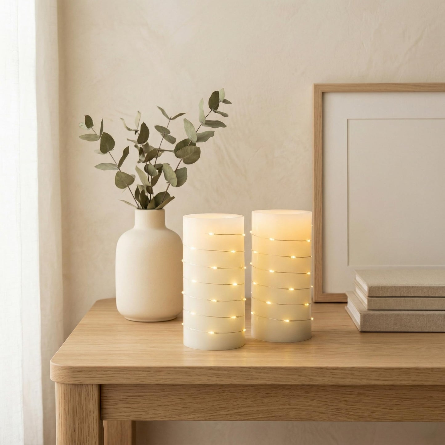 BeMoment Flickering Flameless Candles Ivory Real Wax Pillar with Embedded String Lights LED Candles Battery Operated Candle with Timer and Remote, for Bedroom, Wedding, Home Decor Set of 2 (3" x 6")
