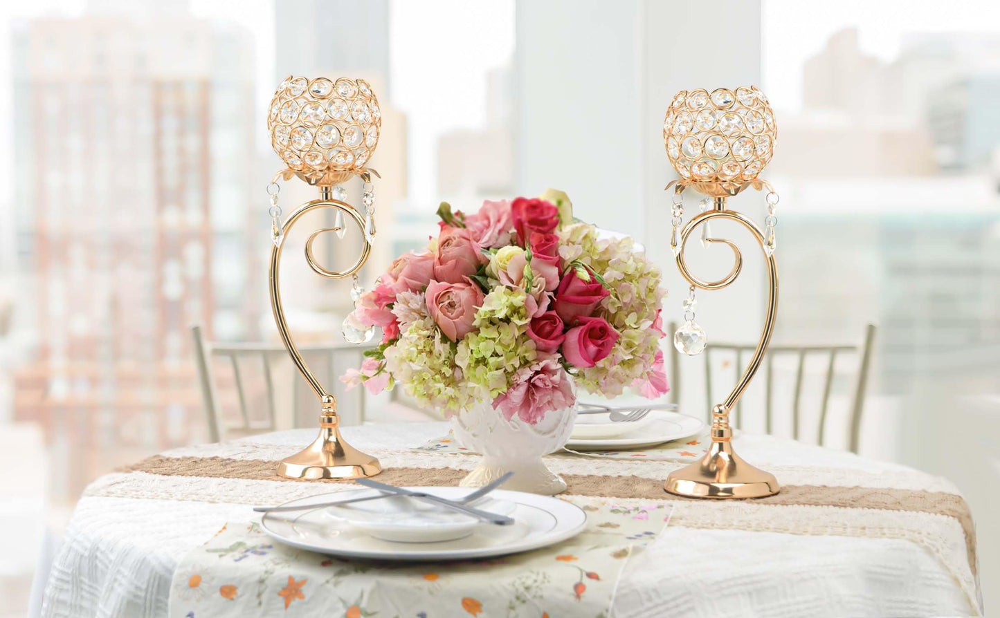 2 ps K9 Crystal tealight Candle Holder/Candlestick/Candelabra for Table Centerpieces,Wedding/Party/Event Decor,Home Decor,Gift for Mon/Friends (Golden)