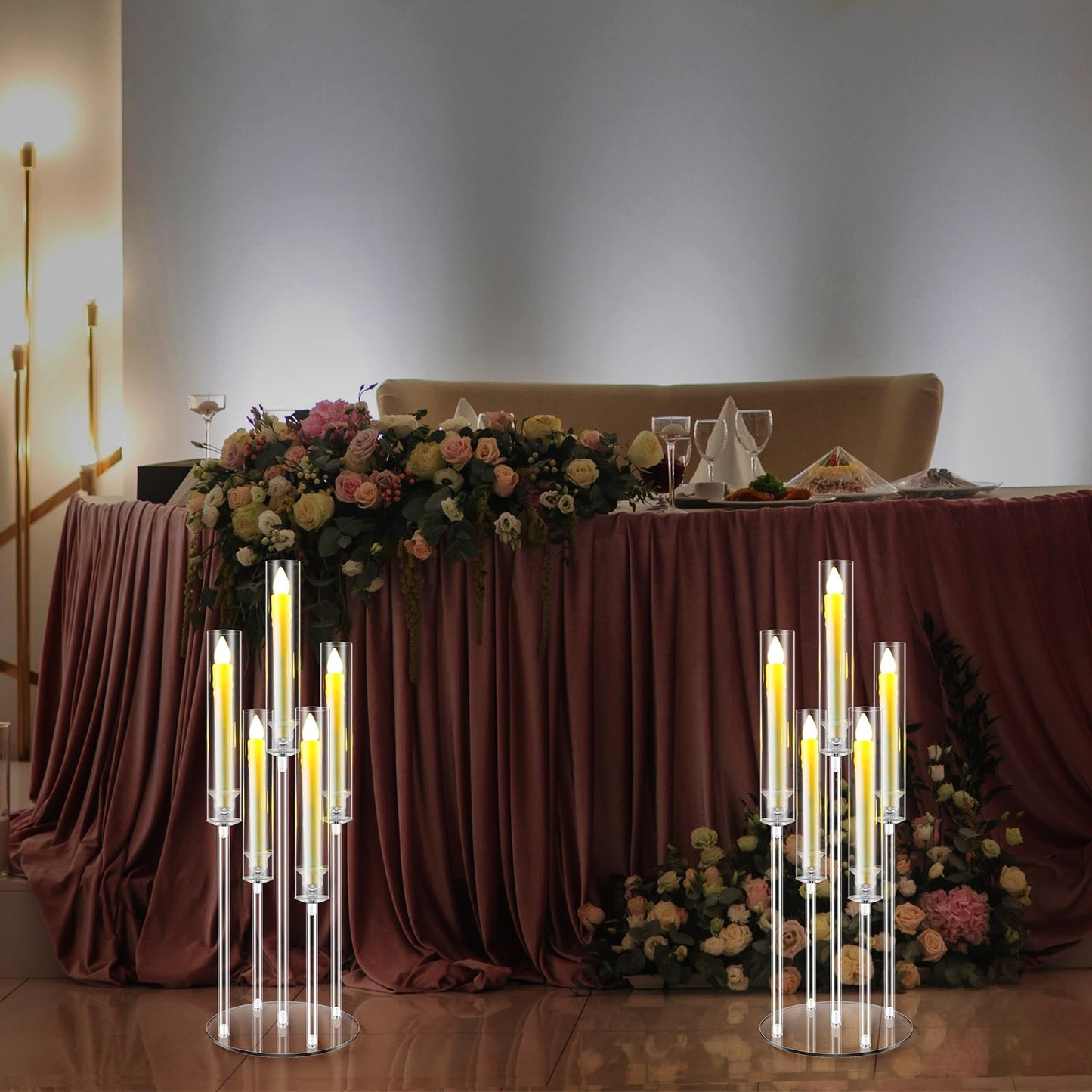 FoldTier 4 Sets 5 Arm Acrylic Candelabra Holder for Wedding Table Centerpiece 27inch Tall Floor Clear Candle Centerpieces with LED Candles and Shade for Proposal Ceremony Birthday Party Home Decor