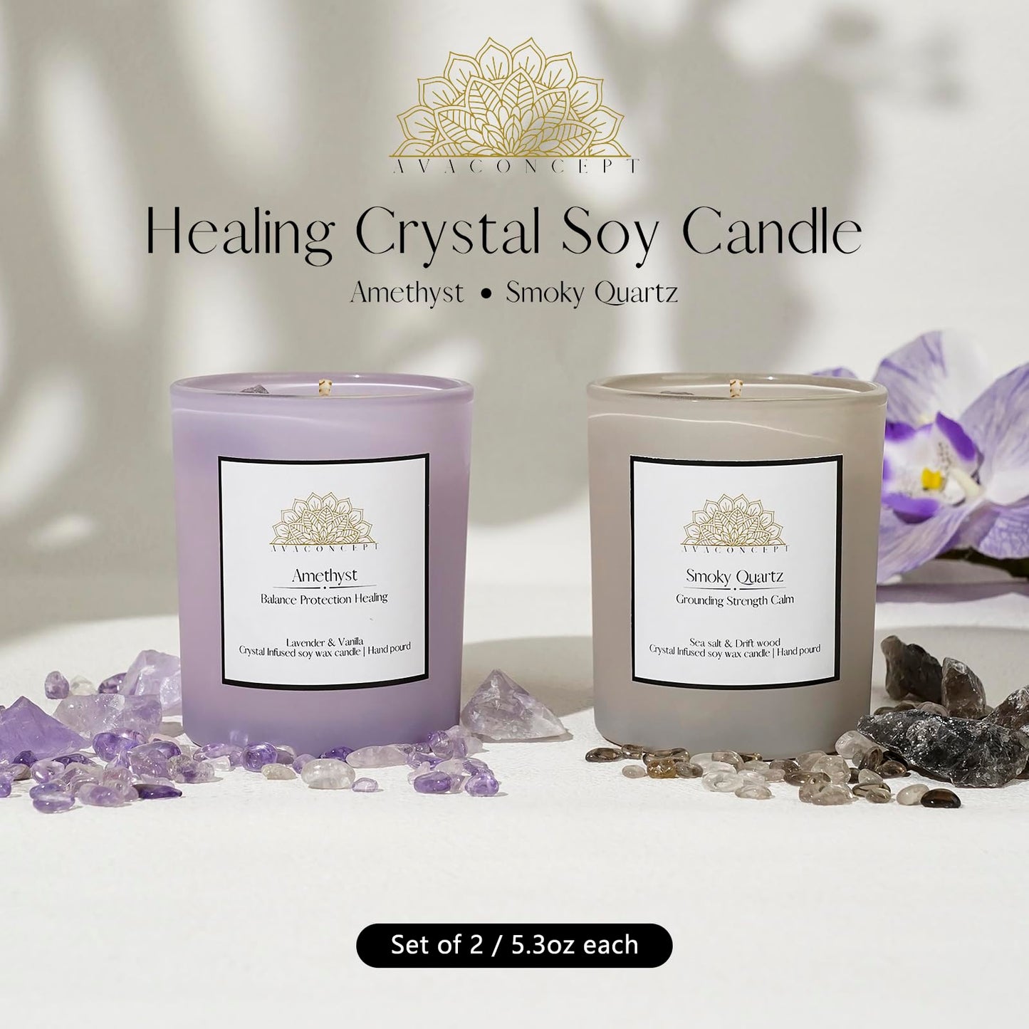 AvaConcept Healing Crystal Candle Gift Set – Amethyst & Smoky Quartz | Hand-Poured Soy Wax Candles Lavender Vanilla & Sea Salt Driftwood Aromatherapy Natural Crystals Infused Set of 2/5.3oz Each
