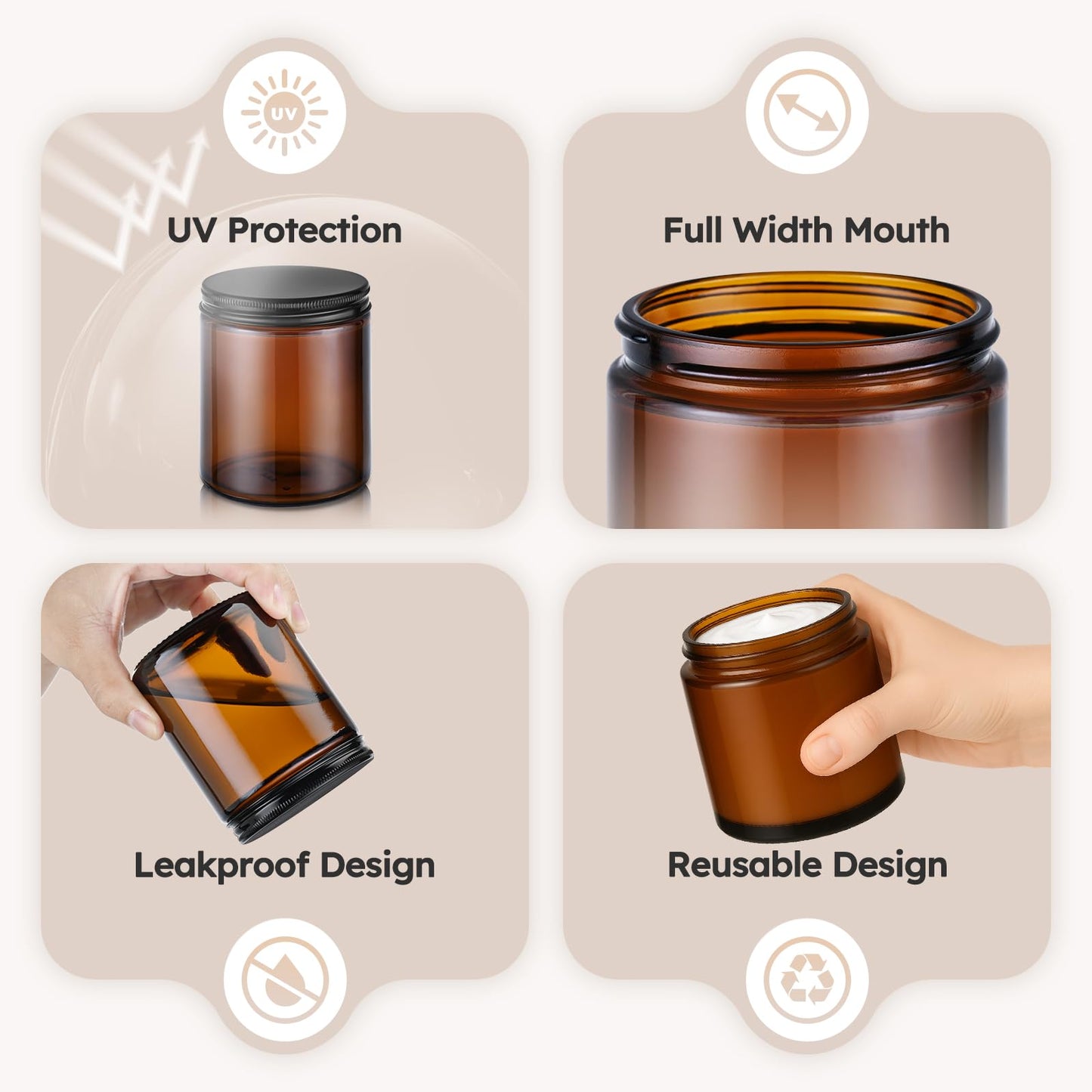 Tecohouse 8oz Amber Glass Jars with Metal Lids, 3 Pack Candle Jars with Blank Labels, 250g Wide Mouth | Lotion Container for Sample, Cream, Lotion, Honey, Powder, Jelly | Home & Beauty