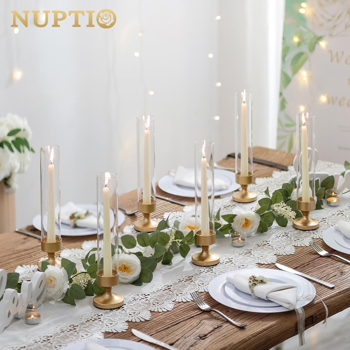 NUPTIO Hurricane Glass Candle Holder: Set of 10 Metal Taper Candle Holders with Sleeves - Gold Candlestick Holders Bulk for Outdoor Party Wedding Table Centerpiece Decoration