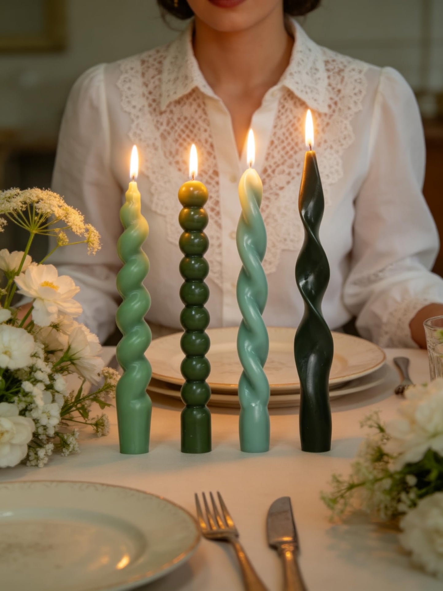 Green Spiral Taper Candles Short Candle Sticks Unscented Smokeless Twisted Candlesticks for Wedding Table Decor Holiday Dinner Party-7.5inch-12pack