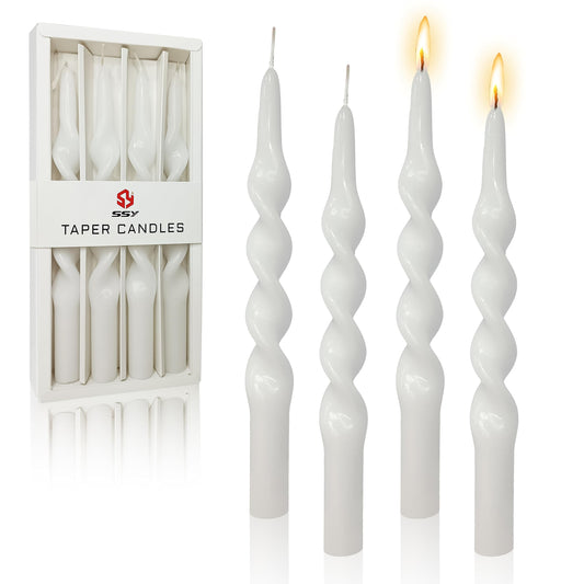 FCMSHAMD Handmade Spiral Taper Candles - Unscented Long Candles Colored Wax Twisted Candle - 10 Inch Candle Sticks for Wedding Dinner Party Decoration - Set of 4(White)