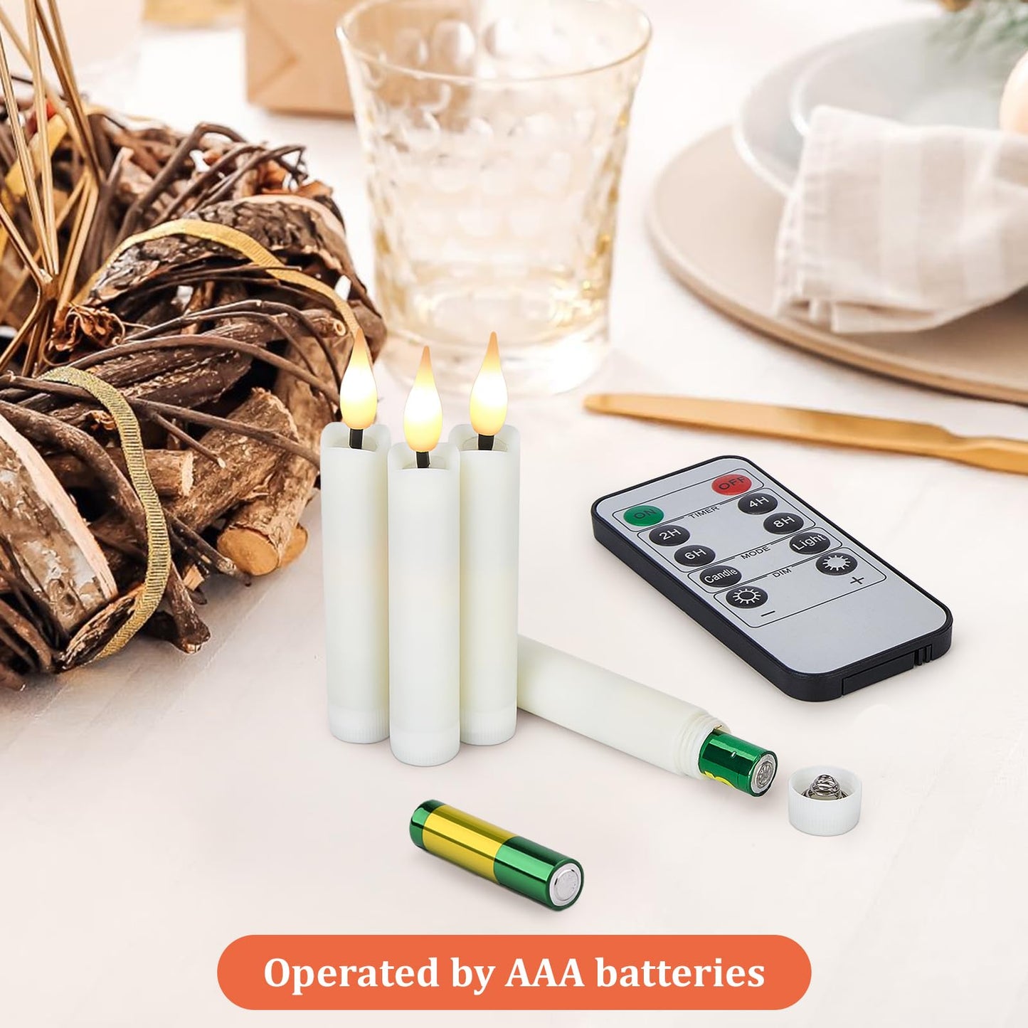 IMAGE 12Pcs LED Taper Candles Light Set Flameless 3D Wick Ivory Candles with Clip-on Christmas Tree Design, 10-Key Remote with Timer, Warm White Light, Battery Operated for Versatile Decoration