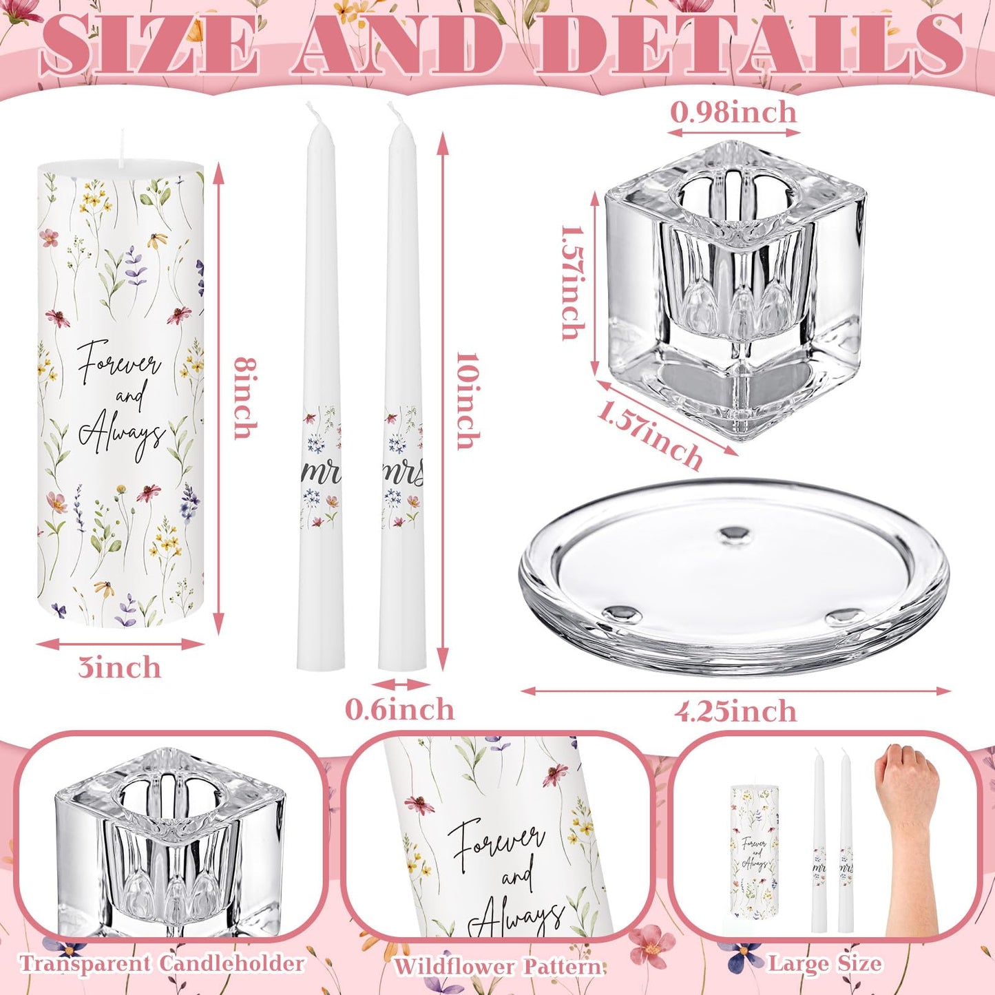 Irenare Unity Candles with Holder for Wedding Ceremony Unity Candle Set Wedding Table Decorations Accessories for Formal Events Church (Wildflower)