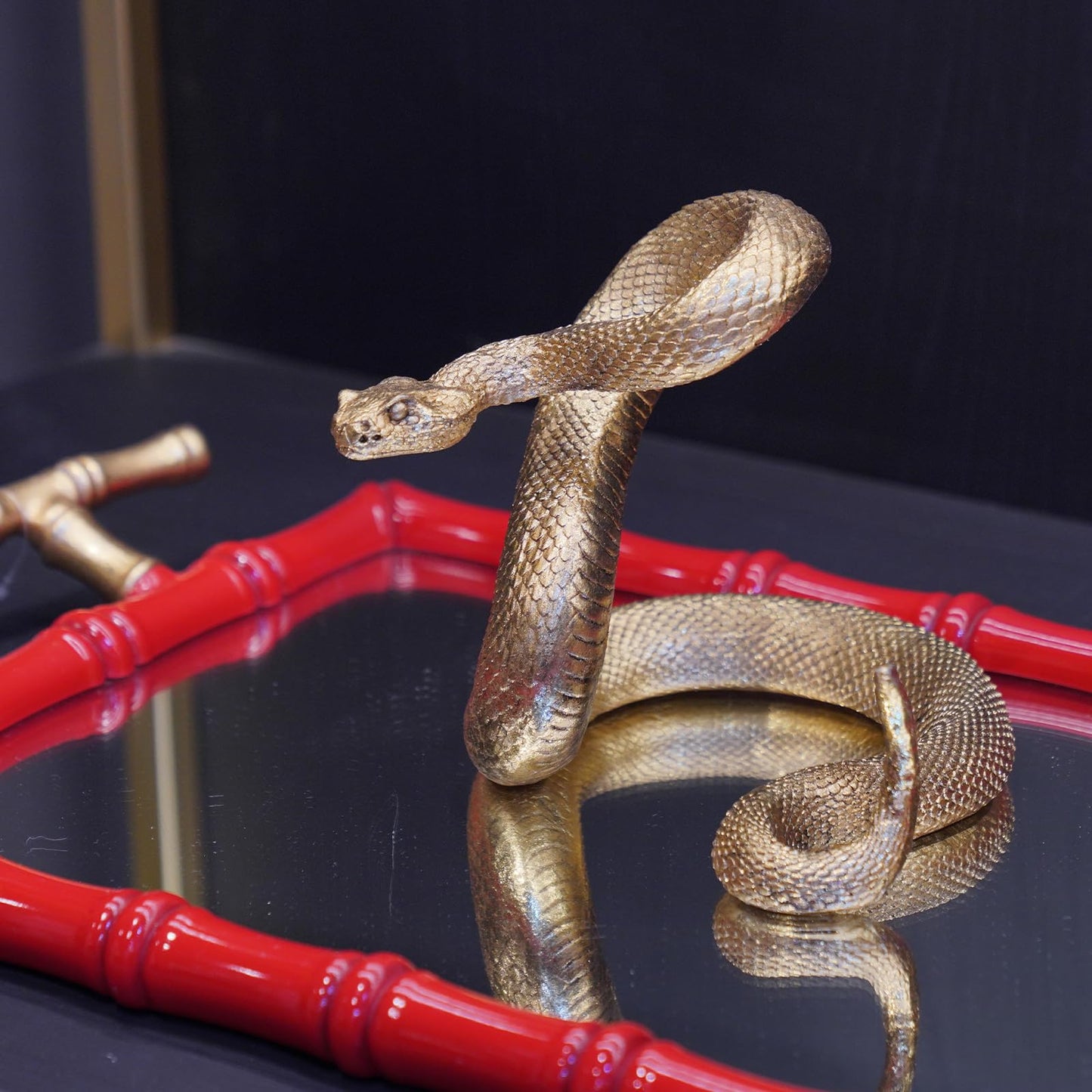 Guichifun Snake Statue Decor Collectible Figurines - Gold Resin Animal Chinese New Year Mascot Home Shelf Office Table Halloween Christmas Decoration 7.25 x 7.25 x 6.5 Inch