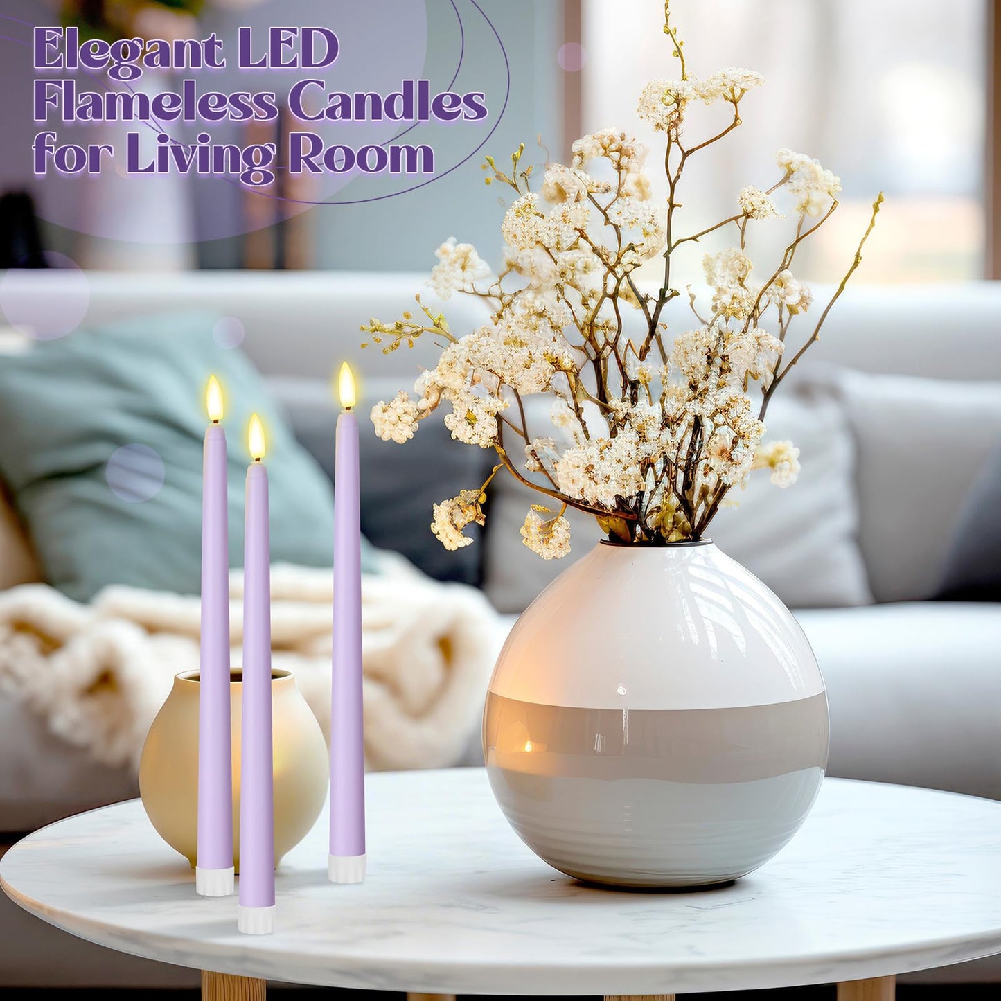 Macarrie 24 Packs Flameless Taper Candles Battery Operated Fake 11 Inch Long Candlelight LED Flameless Candlesticks Flickering Tapered for Spring Summer Wedding(Lavender Purple)