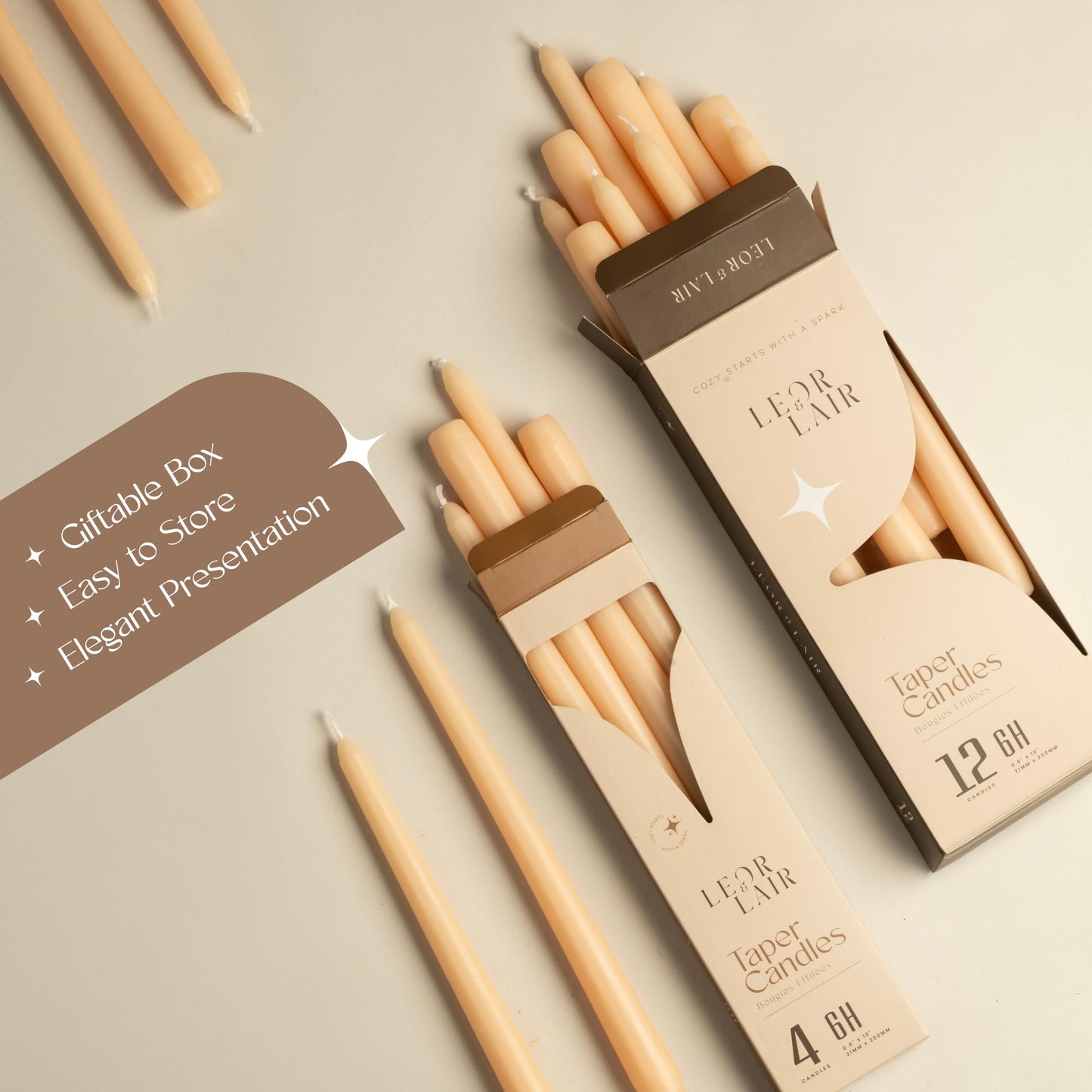 Leor & Lair Beige Taper Candles - 4 Pack 10" Beige Candlesticks - Unscented Long Burning Tapered Candles for Minimalist Decoration, Modern Weddings, Everyday Dining & Events