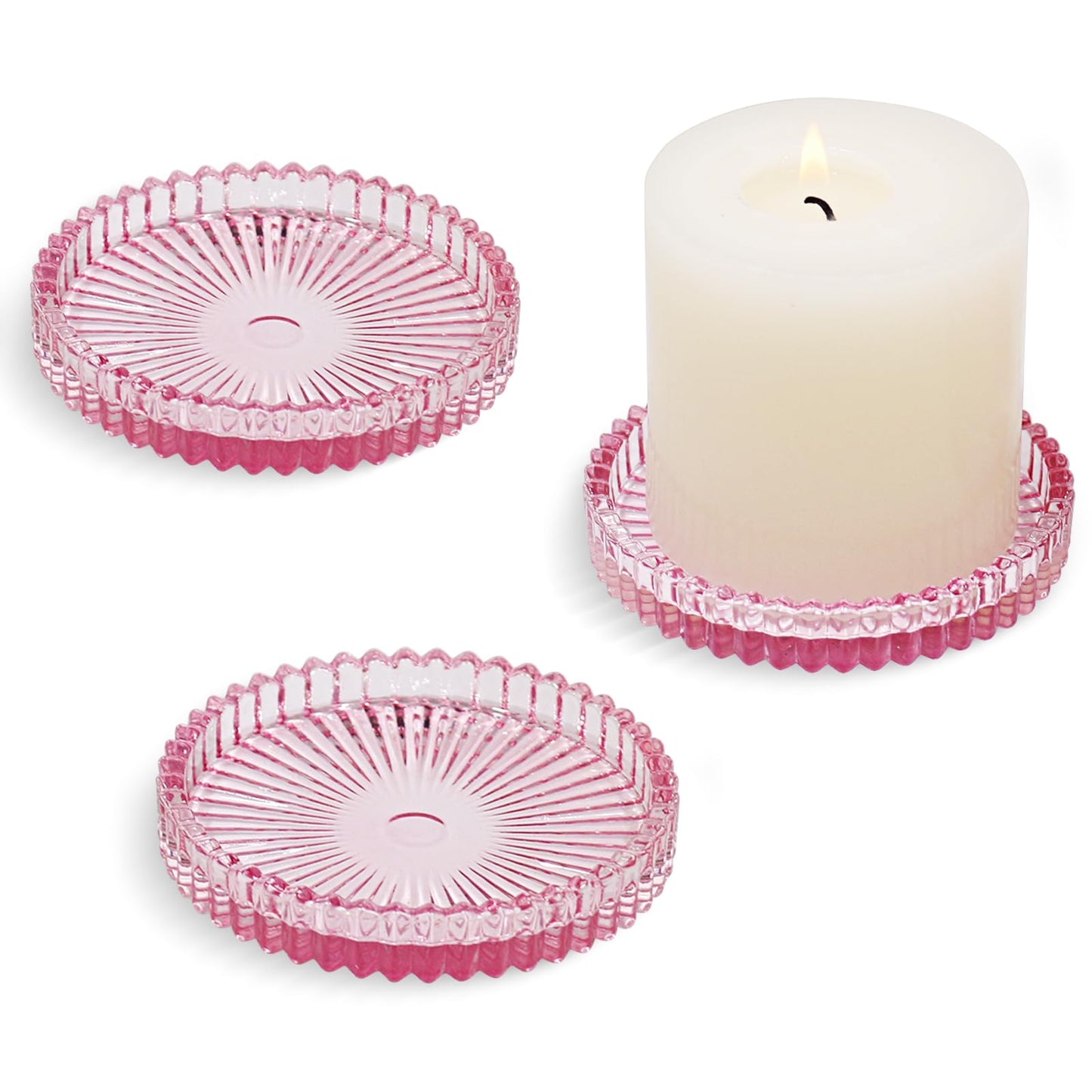CHOCSTAY Glass Pillar Candle Holder, 4" Pink Candle Plates Set of 3, Glass Candle Holders for Wedding, Party, Holiday, Home Decor, Table Centerpiece