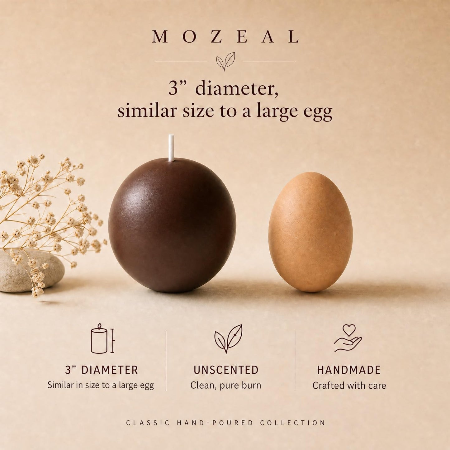 MOZEAL Hand-Poured, 3 Inch Brown Round Ball Candles - Elegant Brown Round Pillar Candles Set of 3, Dripless, Unscented, Smokeless, Ideal for Autumn Gatherings.