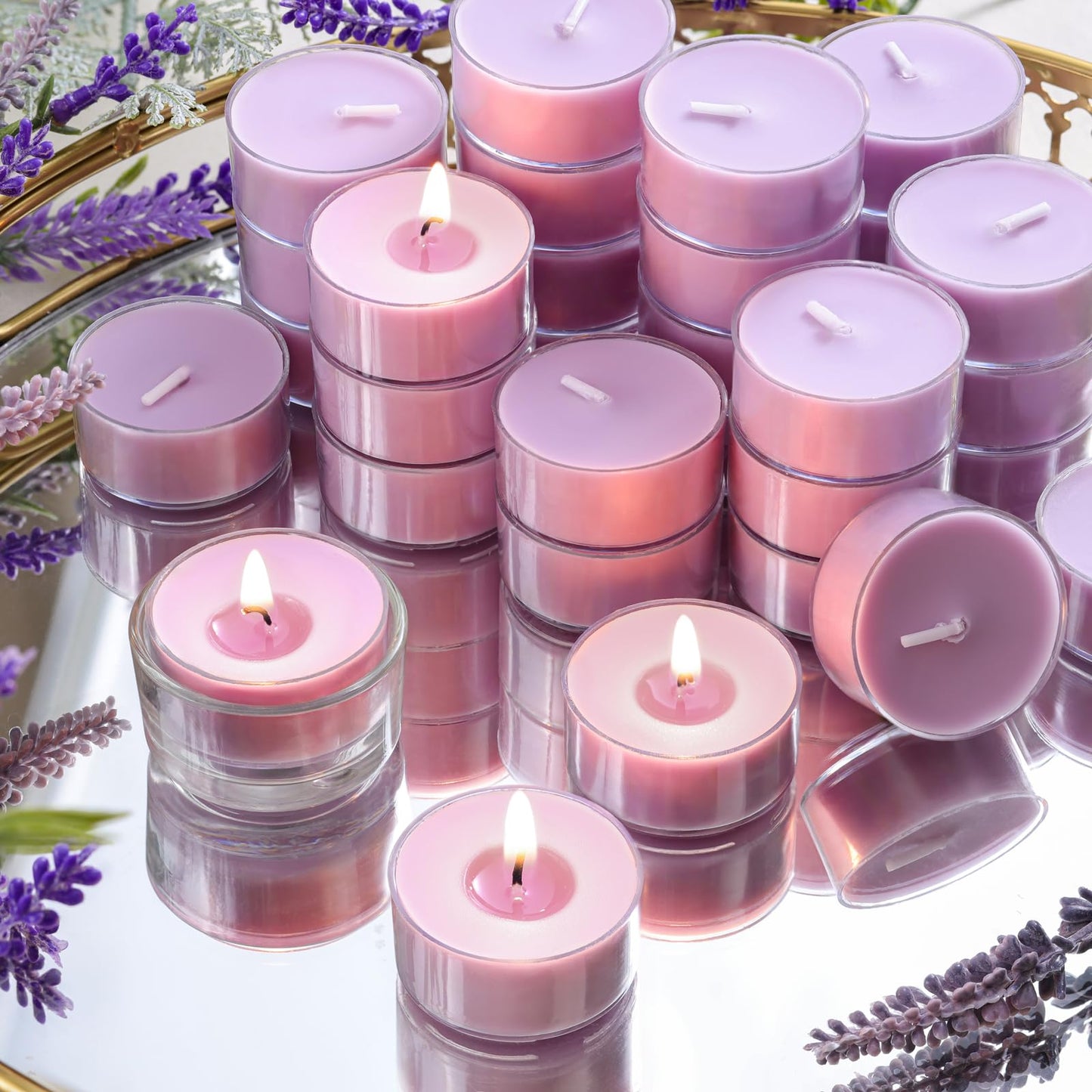 DEVI Eucalyptus & Lavender Highly Scented Tea Lights Candles 48 Pack, 5-6 Hours Natural Palm Tea Candles for Home Scented, Small Votives with Essential Oils for Home Aromatherapy,Mother‘s Day Gift