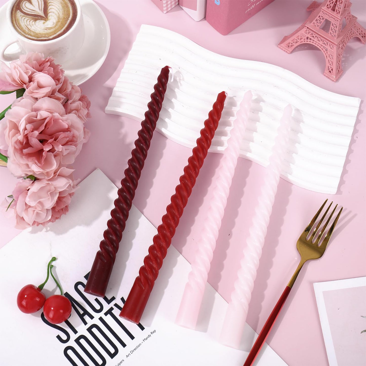 Whaline 12Pcs Gradient Red Pink Spiral Taper Candles Dripless Twisted Wax Candles 10 Inch Long Unscented Candle Sticks for Wedding Valentine's Day Holiday Party Home Dinner Table Decor