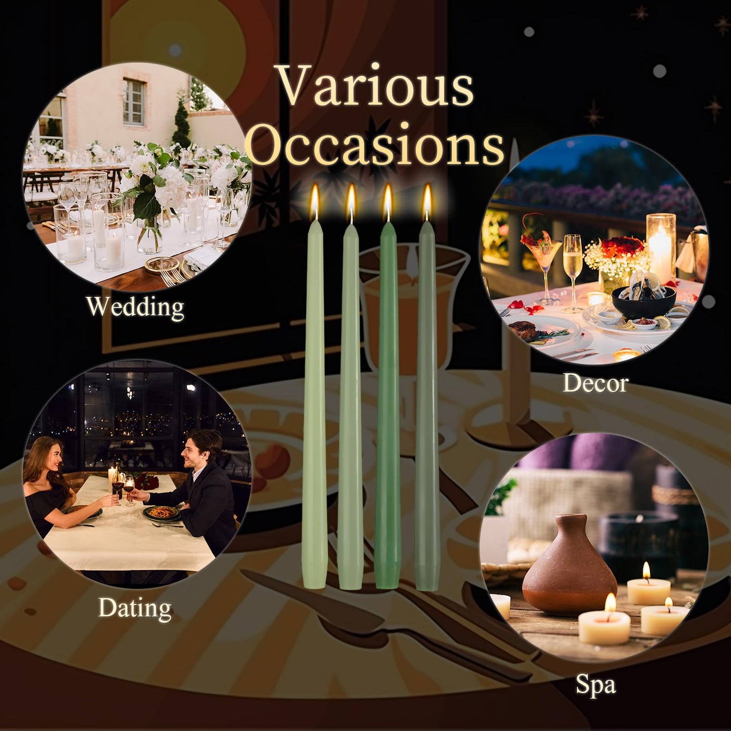 MTLEE 10 Inch Long Tapered Candle Stick Bulk Smokeless Unscented Burning Candlestick Paraffin Wax with Cotton Wick for 4th of July Dinner Anniversary Wedding Party Church(Gradient Green,16 Pcs)