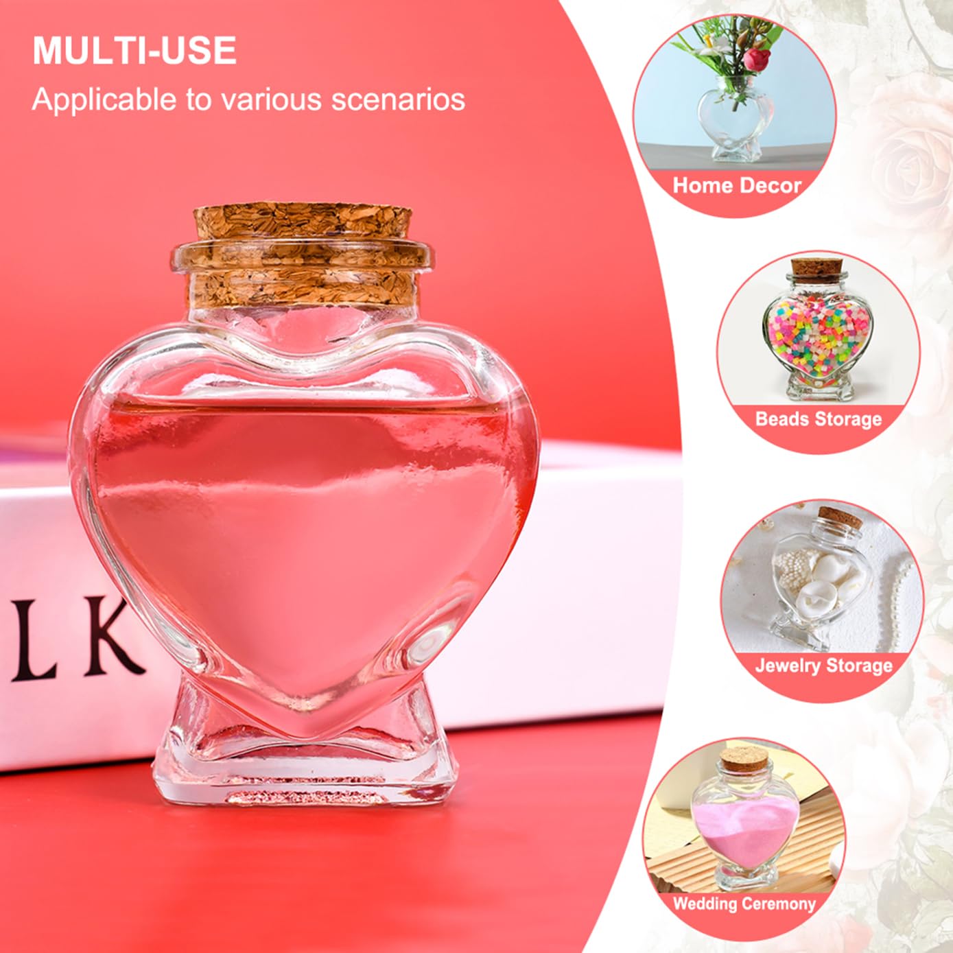 2 Pcs Heart Shaped Glass Bottle with Cork Stopper,160ml Large Empty Jar Decorative for Paper Stars,Wedding Wishes Love Notes Pet Hair Memory Keepsake Romantic Gift 3.3" Opening（Love）