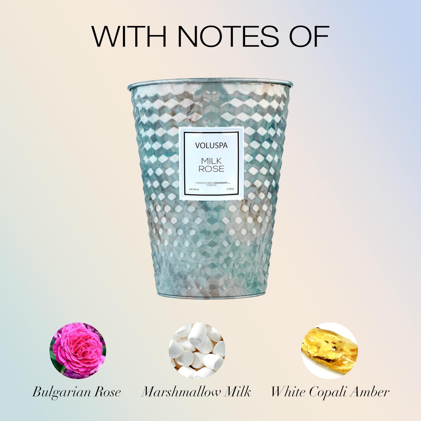 Voluspa Milk Rose, 2 Wick Tin Candle, 26 Ounce, 80 Hour Burn Time, Coconut Wax for Clean Burning, Handcrafted in the USA