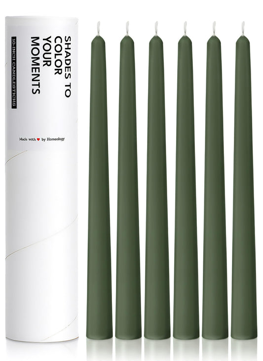 Homeology 6 PK 10" Classic Taper Candles, Dark Moss Green, 7-8 Hours Long Burning, Unscented Tall Candlesticks