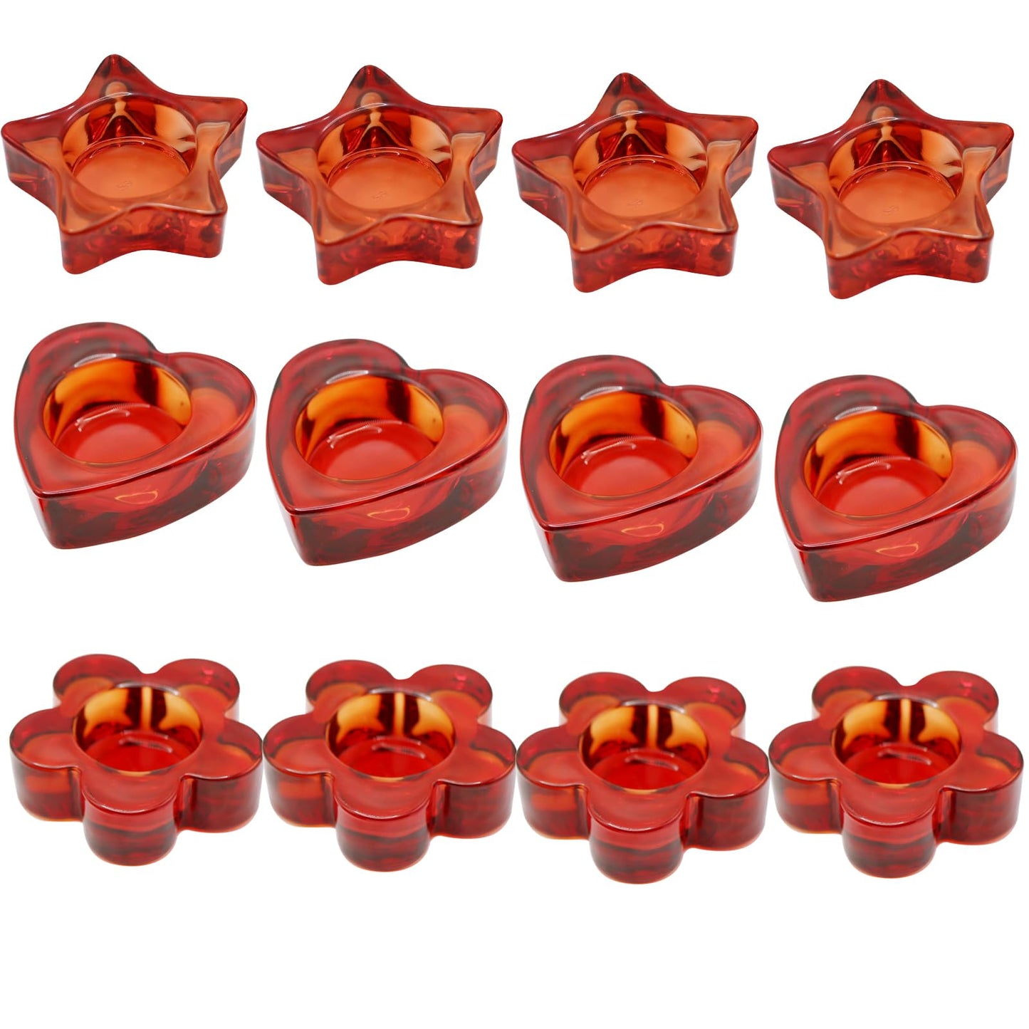 Red Votive Candle Holders Set of 12, (3 Sizes,Heart/Flower/Star) Glass Tealight Candle Holders Bulk for Wedding Table Centerpiece,Birthday Party,Valentines Day,Christmas Decorations,Home Decor(Red)