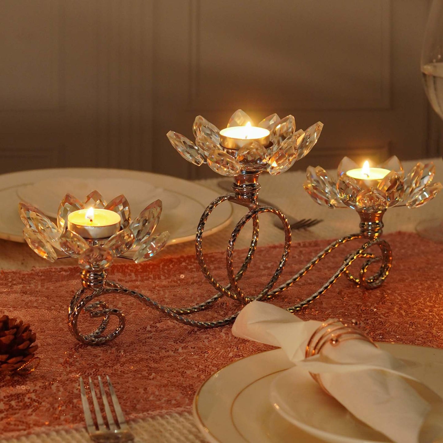 2Pcs Siver Kehail Crystal Metal Tea Light Candle Holder Set, 3-Arm Flower Shaped Crystal Votive Candlestick Holders for Table Centerpiece, Wedding Shower, Party and Home Decor
