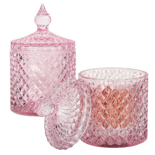 2 Pack Qtip Holder Thick Glass Apothecary Jars with Lid for Bathroom Decor Storage Organizer for Cotton Swabs, Balls, Pads, Floss Picks, Candy, Jewelry, Pink