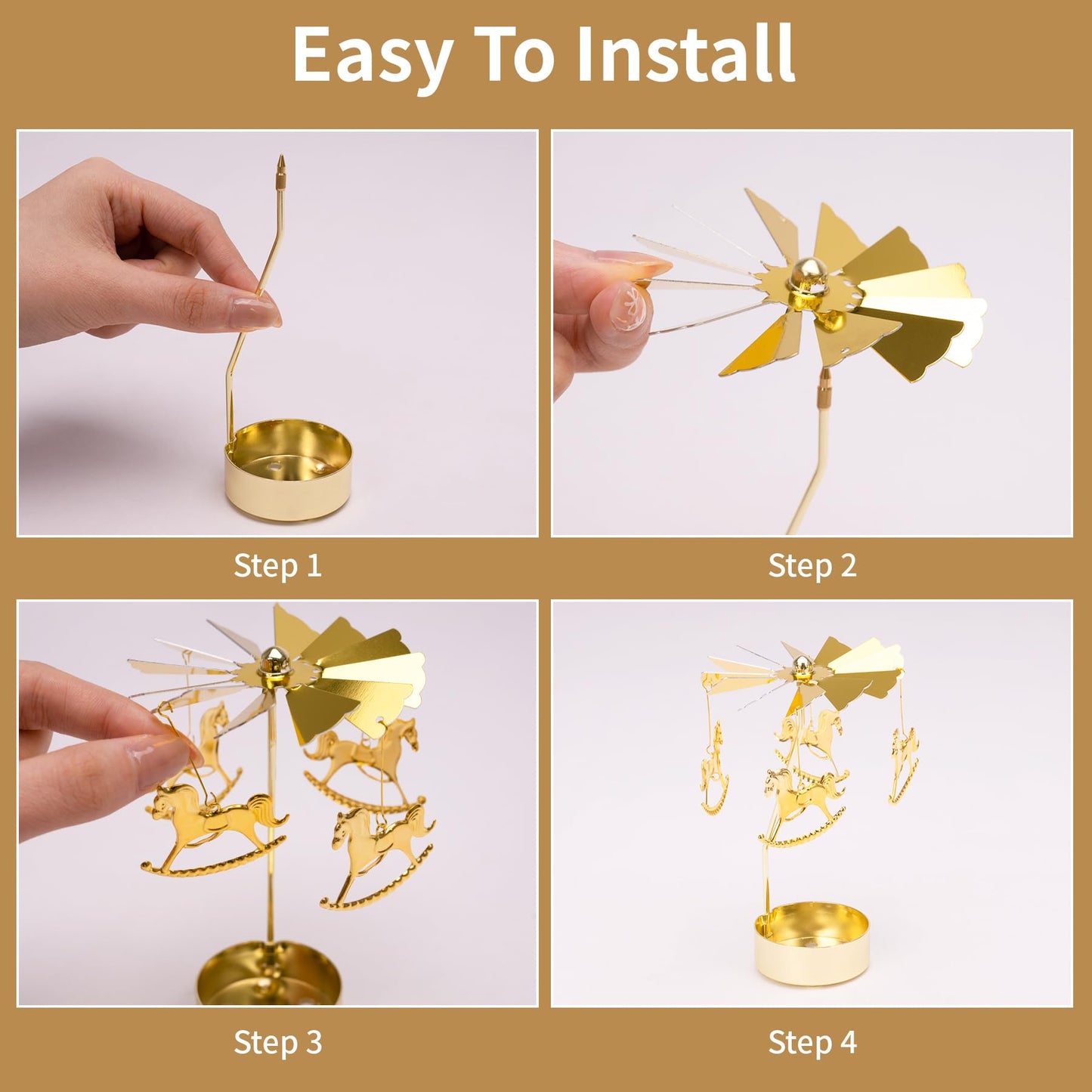 Toptime Spinning Candle Holder, Gold Tea Lights Candle Holder Carousel Candle Spinner, Rotating Metal Candle Holders for Table Centerpiece Carousel Tealight Holder for Christmas Festival Home Decor