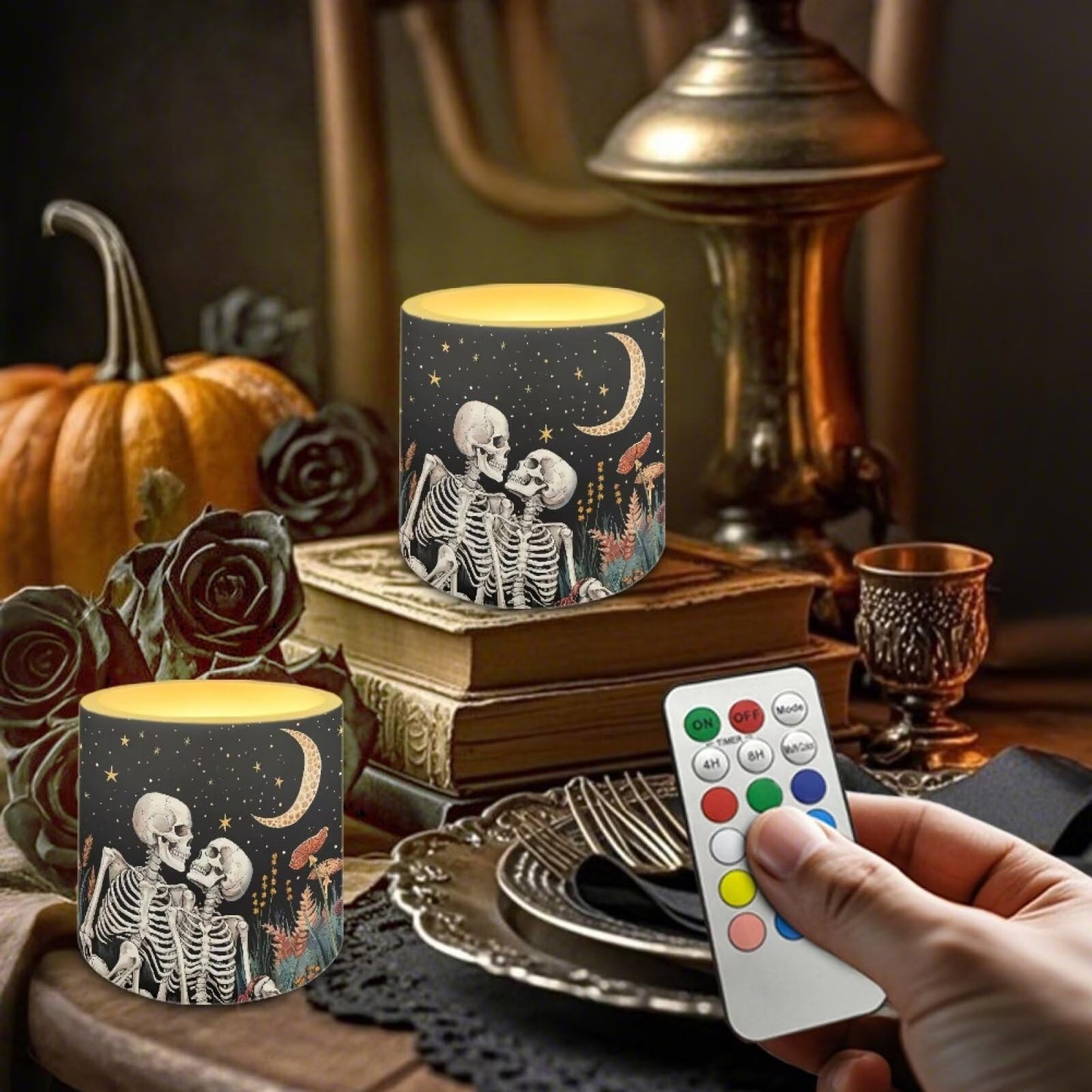Merkmak Pack of 4 Flameless Candles Battery Operated Candles with Remote and Timer Flickering LED Elictric Pillar Tealights for Indoor Outdoor Decorations, Moon Skeleton