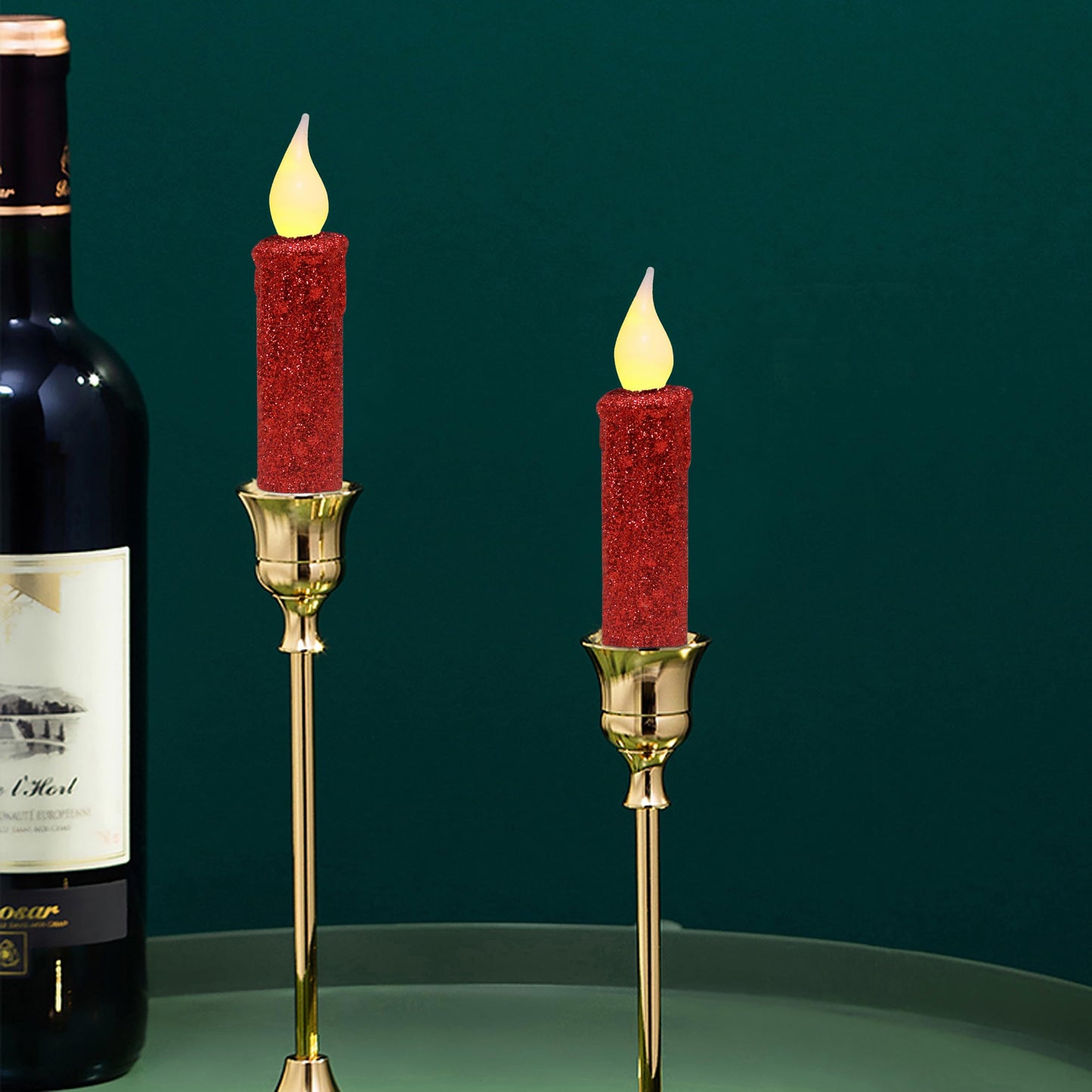 CVHOMEDECO. Glitter Flameless Candles Flickering Battery Operated LED Taper Candles with Timer for Home, Wedding, Halloween, Christmas Decor. Red, 4-3/4 Inch, Set of 2