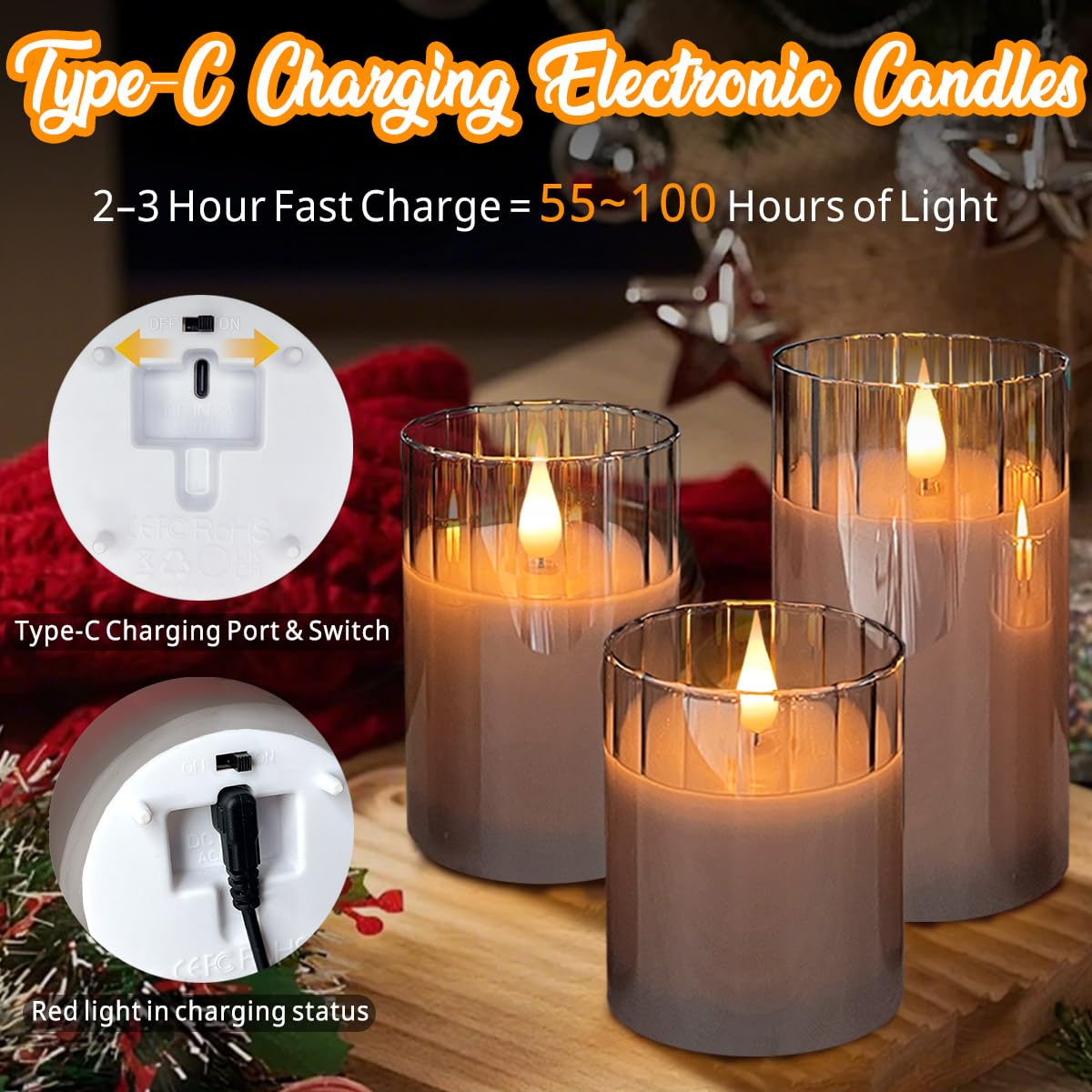 LEDHOLYT Rechargeable Flameless Candle, Flashing LED Pillar Real Wax Candle with Remote Control and Timer, Grey Stripes Glass Electronic Candles for Room Decoration, 1 Set of 3