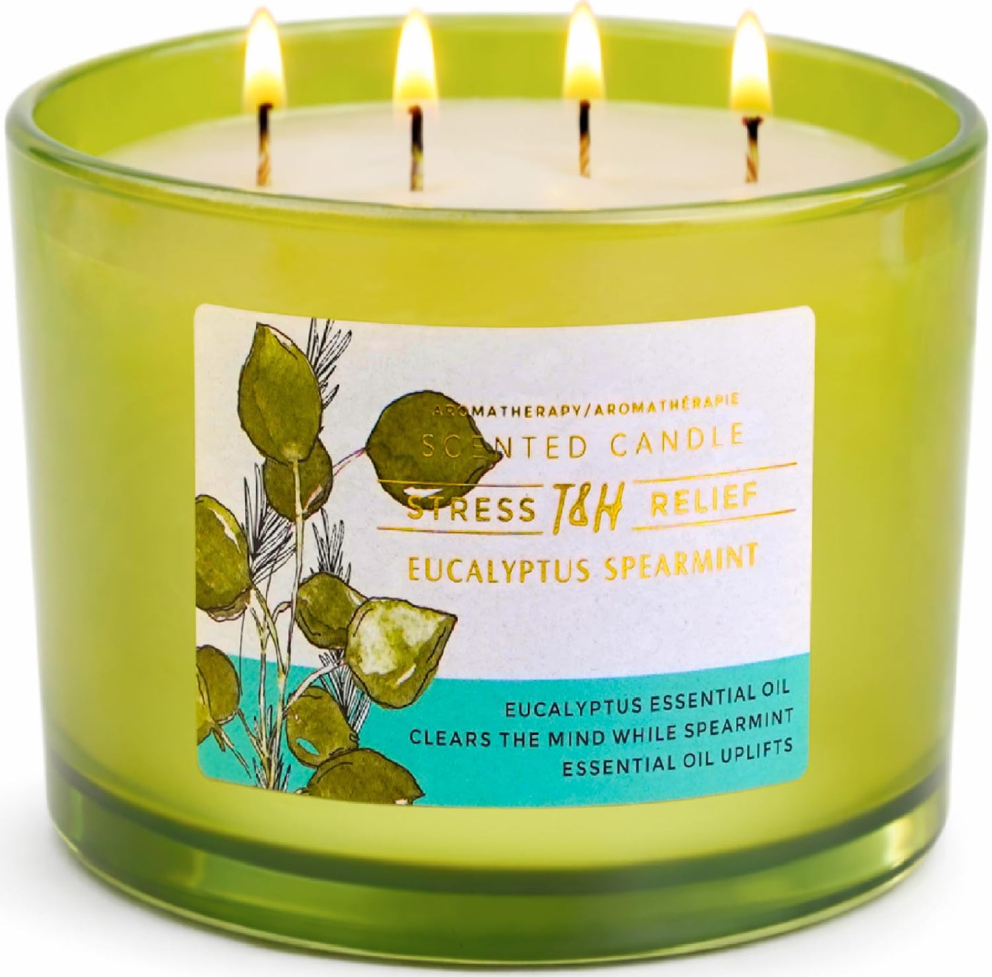 Eucalyptus Spearmint Candle | 4 Wick Extra Large Scented Soy Candle 20 oz | Highly Scented Aromatherapy Stress Relief Spa Candles | Fresh Eucalyptus Mint Home Scent | Long Lasting Clean Burn