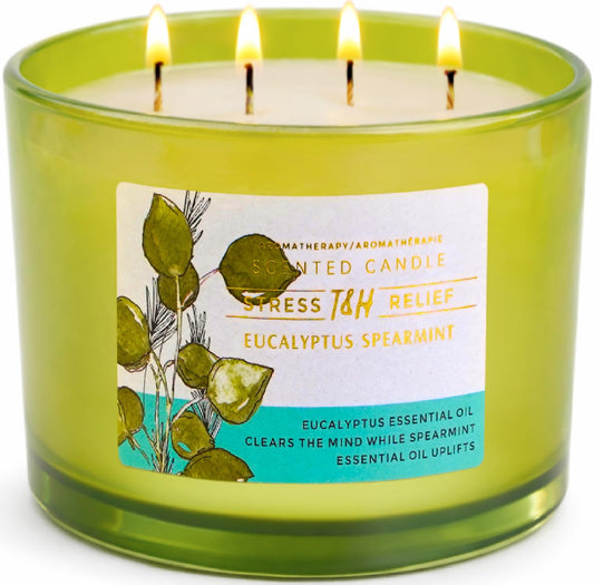 Eucalyptus Spearmint Candle | 4 Wick Extra Large Scented Soy Candle 20 oz | Highly Scented Aromatherapy Stress Relief Spa Candles | Fresh Eucalyptus Mint Home Scent | Long Lasting Clean Burn