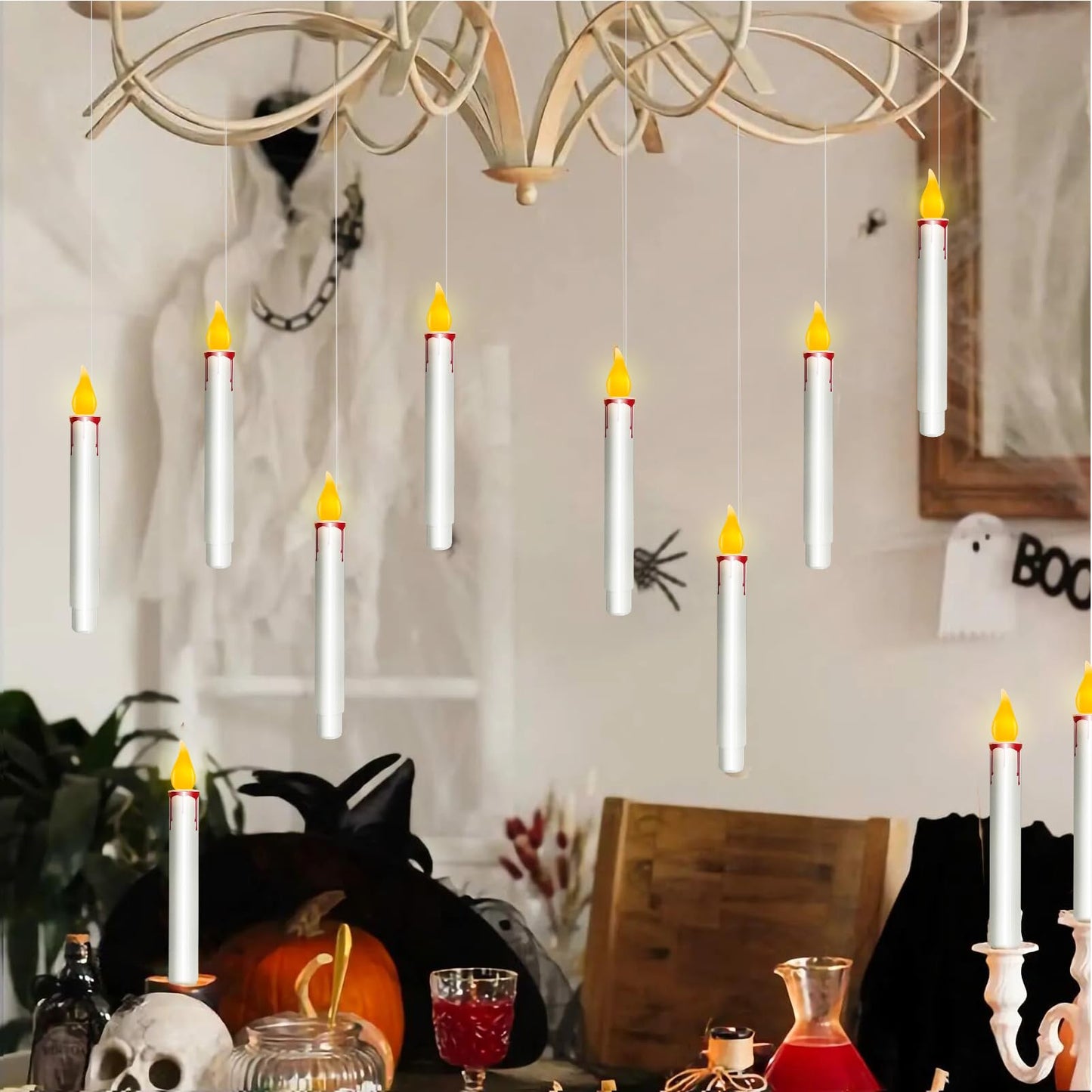 GOOTHY 10 PK Halloween Floating Candles, Hanging Floating Candles with Remote and Flickering Warm Lights, Battery Operated LED Flameless Window Candle Lights for Halloween Party Birthday Home Decor