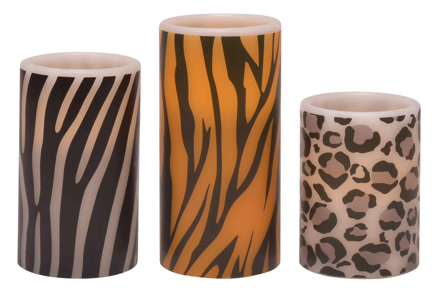 Mark Feldstein & Associates Wild Animal Print Flameless LED Pillar Candles, Set of 3, 6 Inch, Zebra, Tiger, Leopard