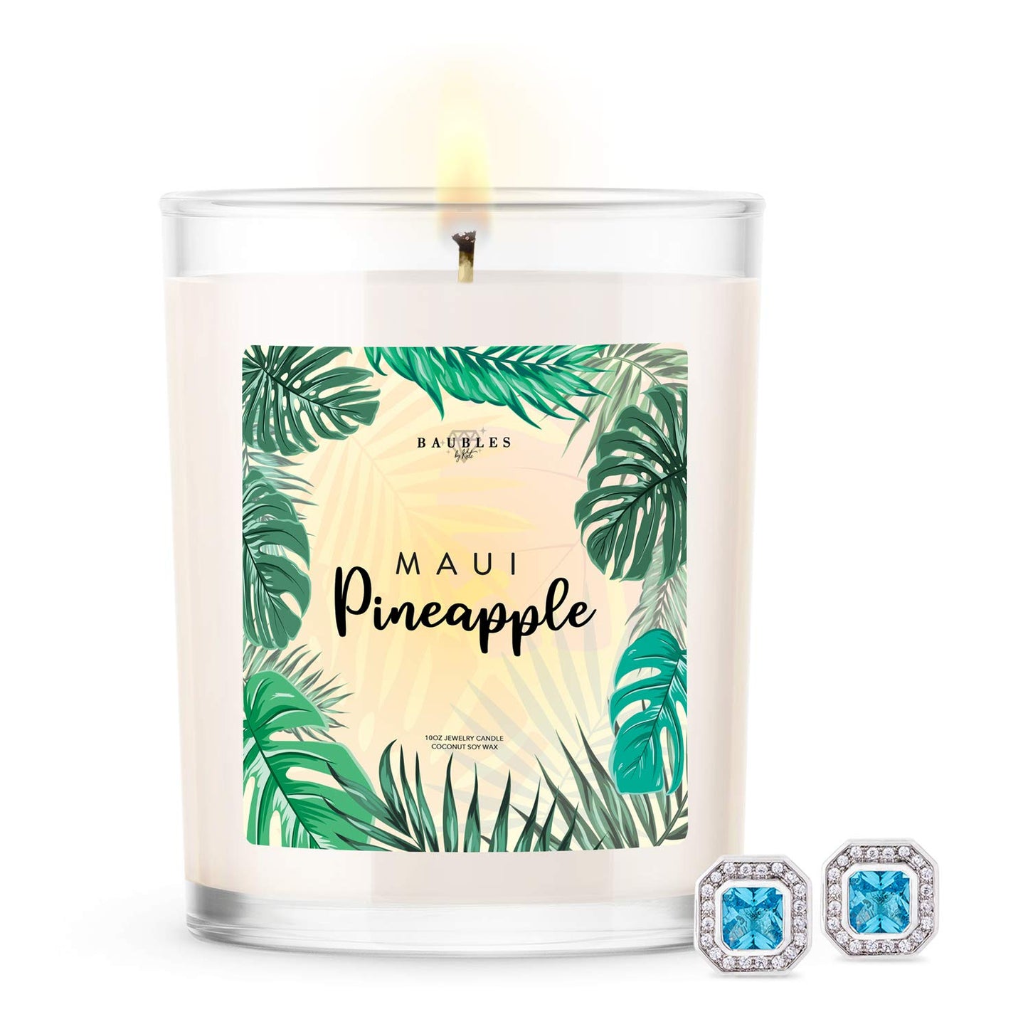 Kate Bissett Baubles Maui Pineapple Scented Premium Candle and Jewelry with Surprise Earring Inside | 10 oz Large Candle | Made in USA | Parrafin Free